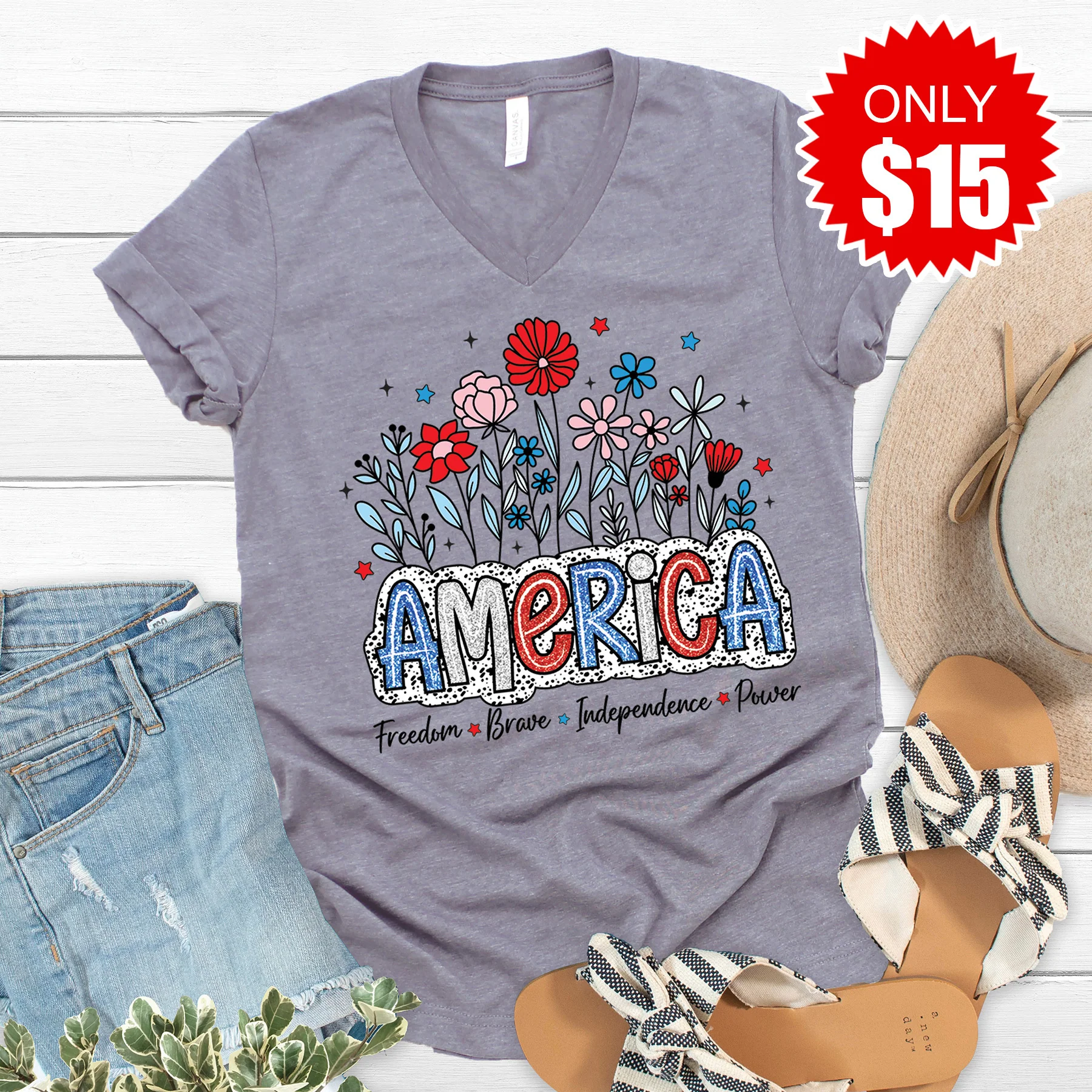 America Glitter V-Neck - 15