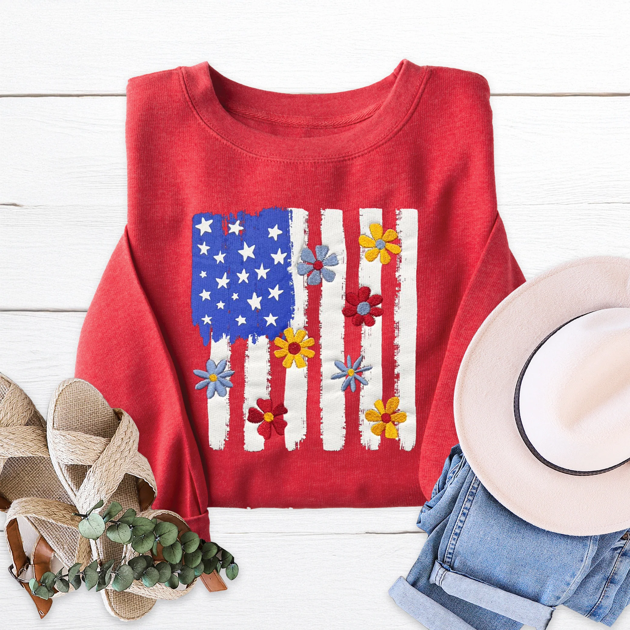 American Flag Embroidered Crewneck Sweatshirt - Image 2