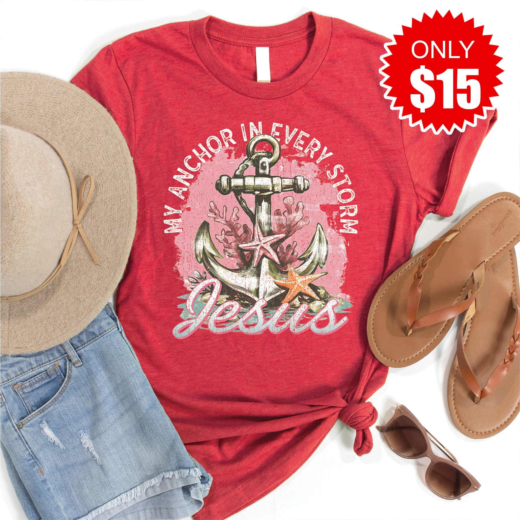 Anchor Tee - Heather Scarlet - 15