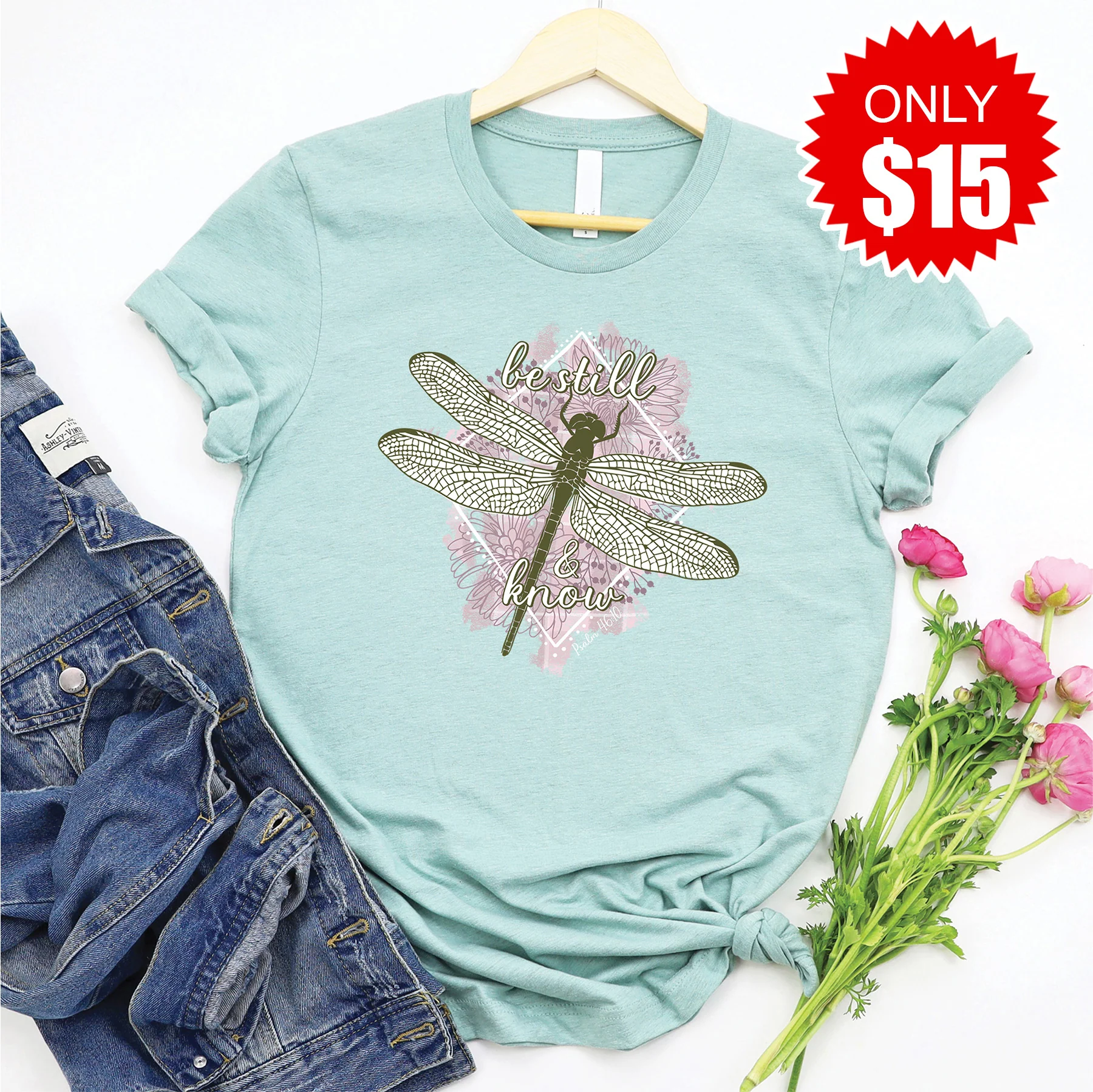 Be Still Dragonfly Tee - Heather Dusty Blue - 15