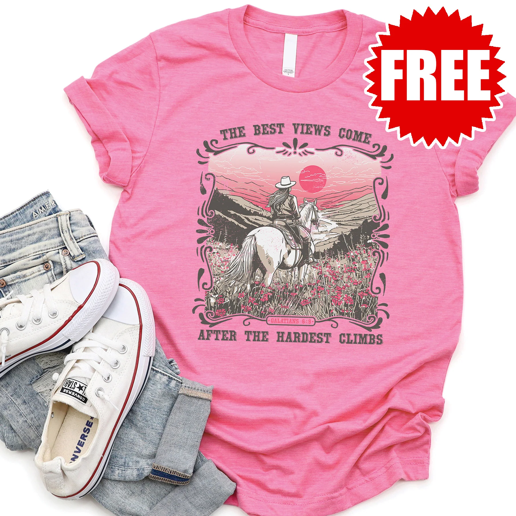 Best Views Cowgirl Tee - Heather Charity Pink - 0