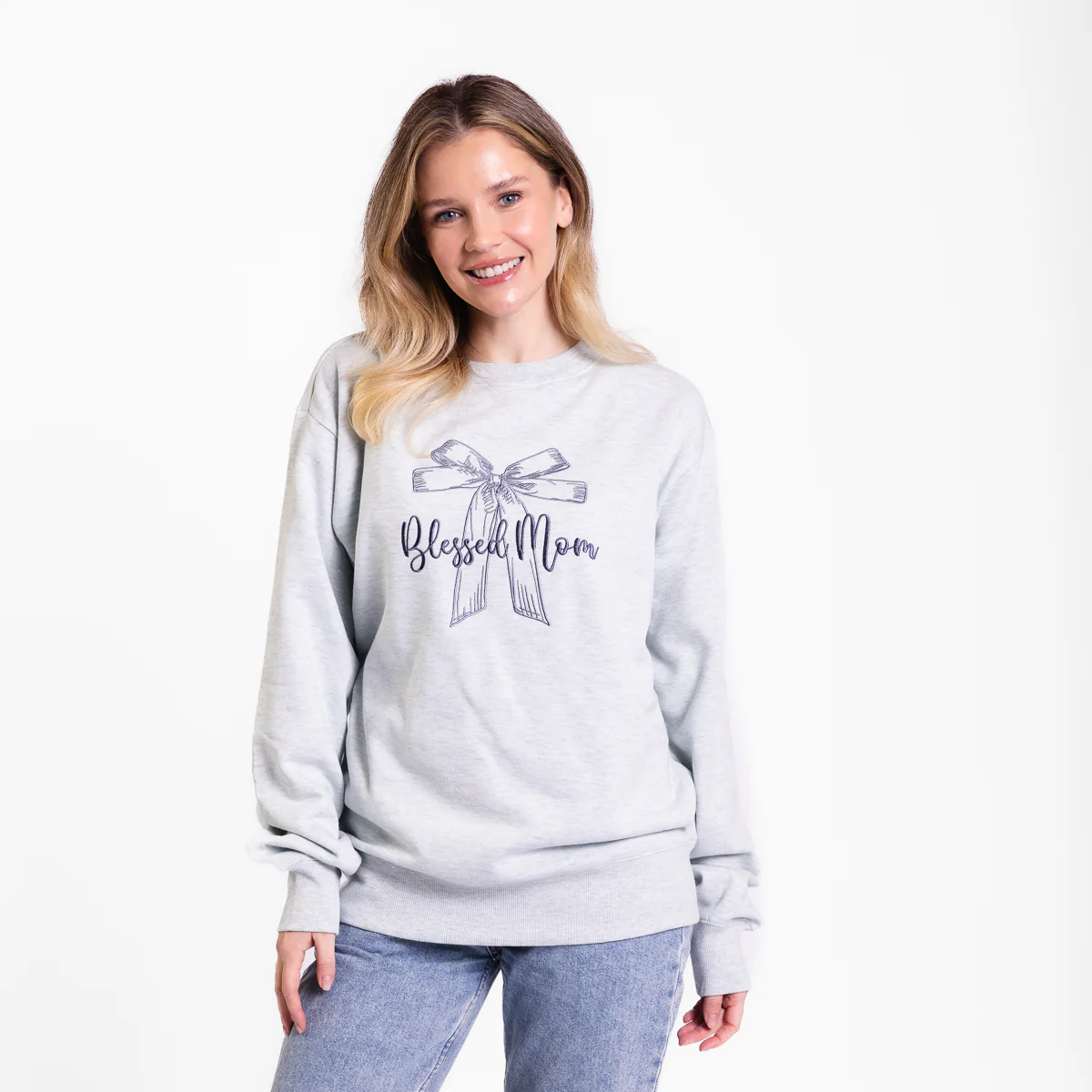 Blessed Mom Bow Embroidered Crewneck Sweatshirt - 20 - Image 2