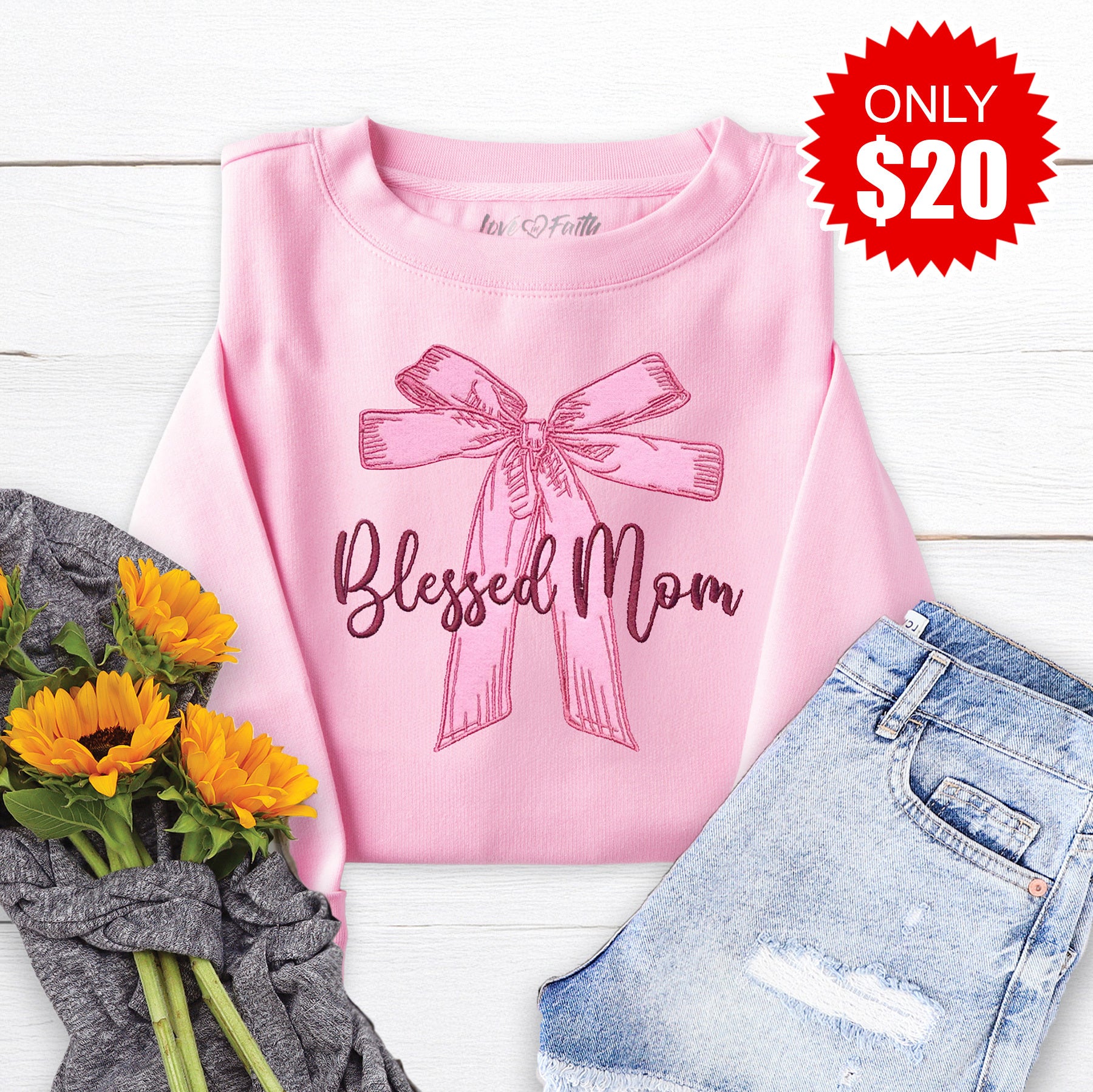 Blessed Mom Bow Embroidered Crewneck Sweatshirt - 20 - Image 4