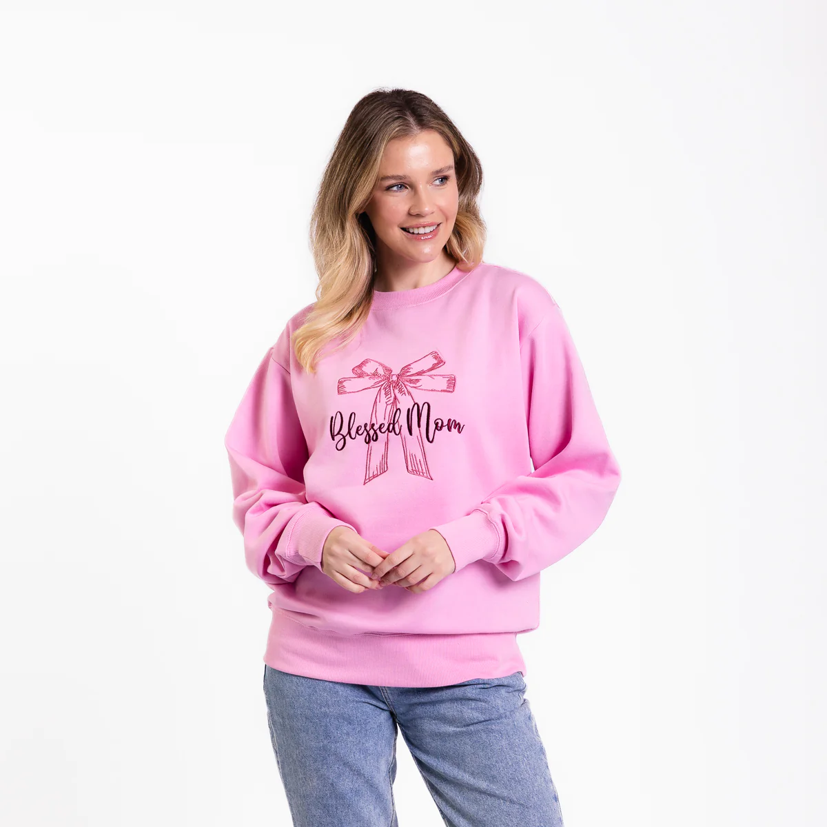 Blessed Mom Bow Embroidered Crewneck Sweatshirt - 20 - Image 5