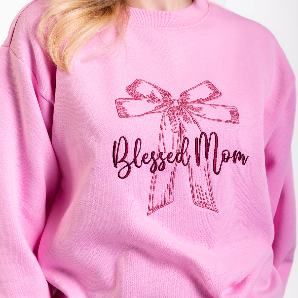 Blessed Mom Bow Embroidered Crewneck Sweatshirt - 20 - Image 6