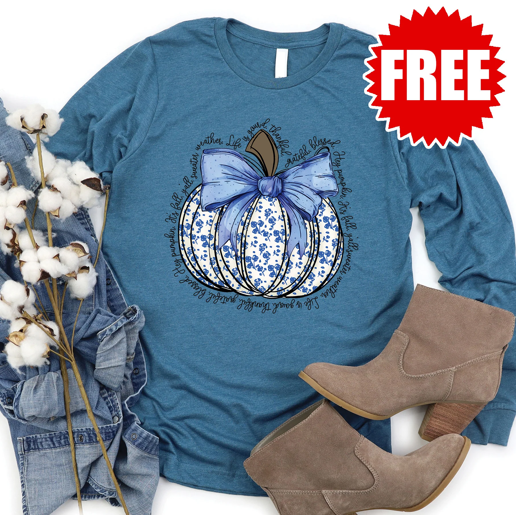 Blue Floral Pumpkin Long Sleeve - 0