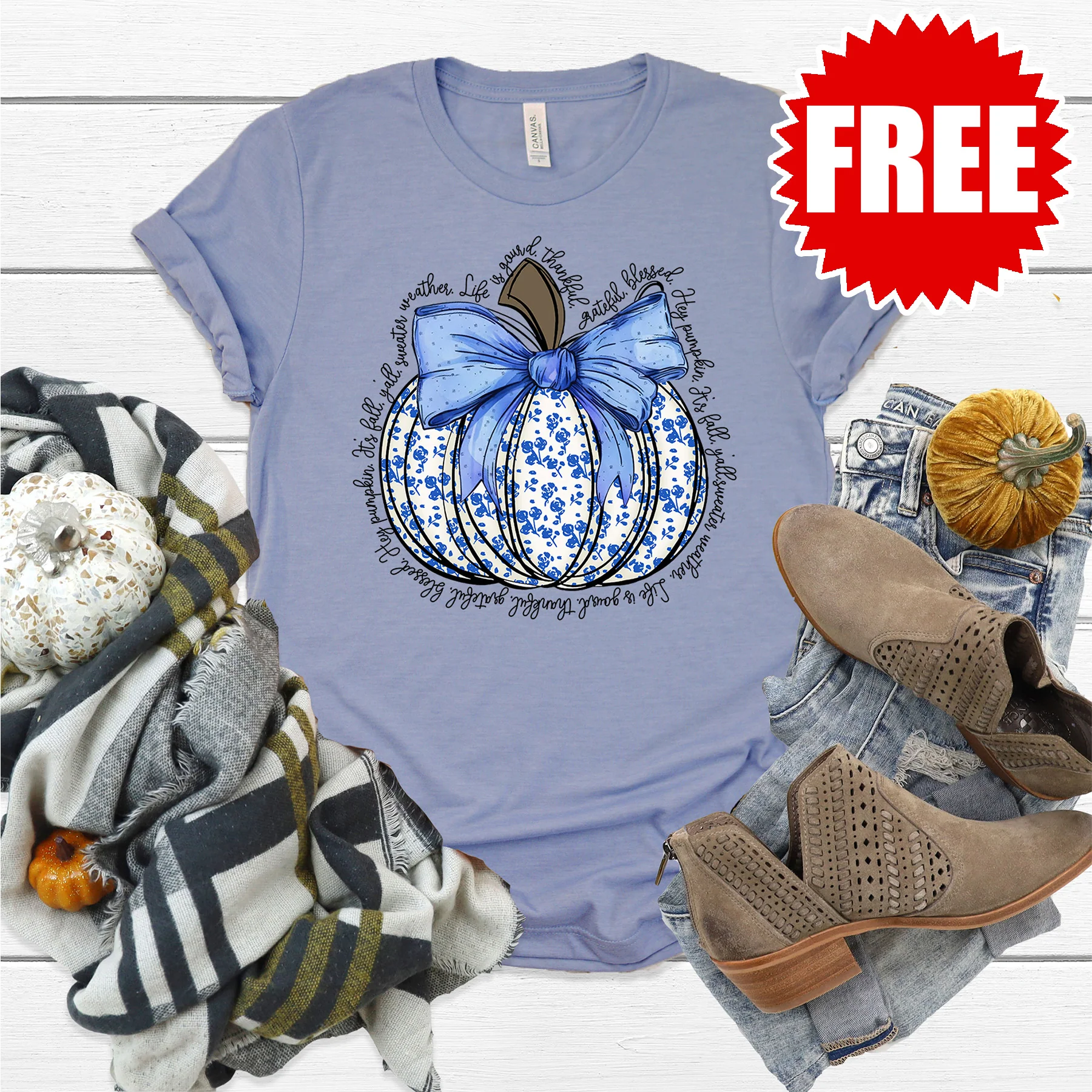 Blue Floral Pumpkin Tee - Heather Lavender Blue - 0