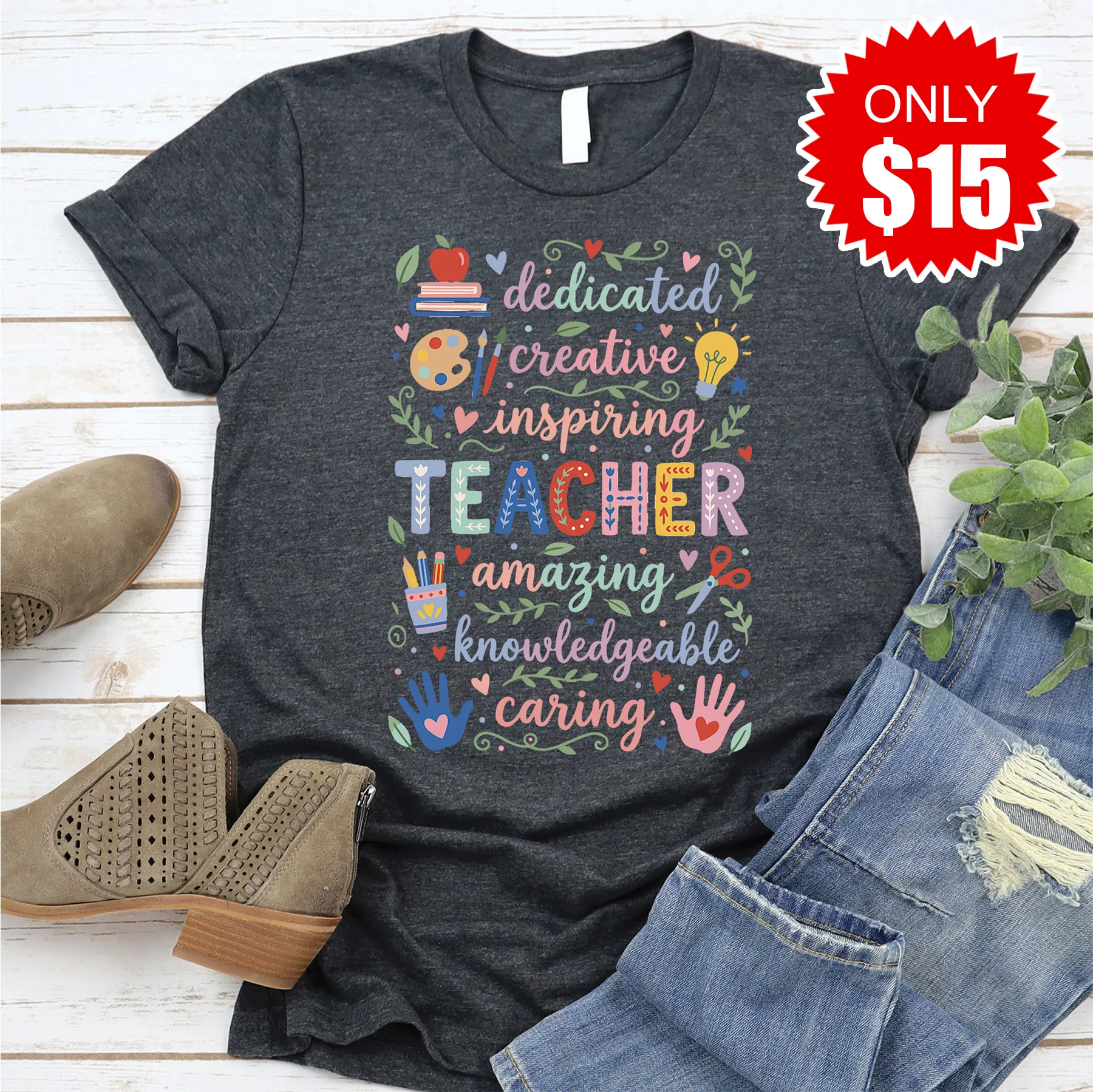 Dedicated Teacher Tee - Heather Charcoal - 15