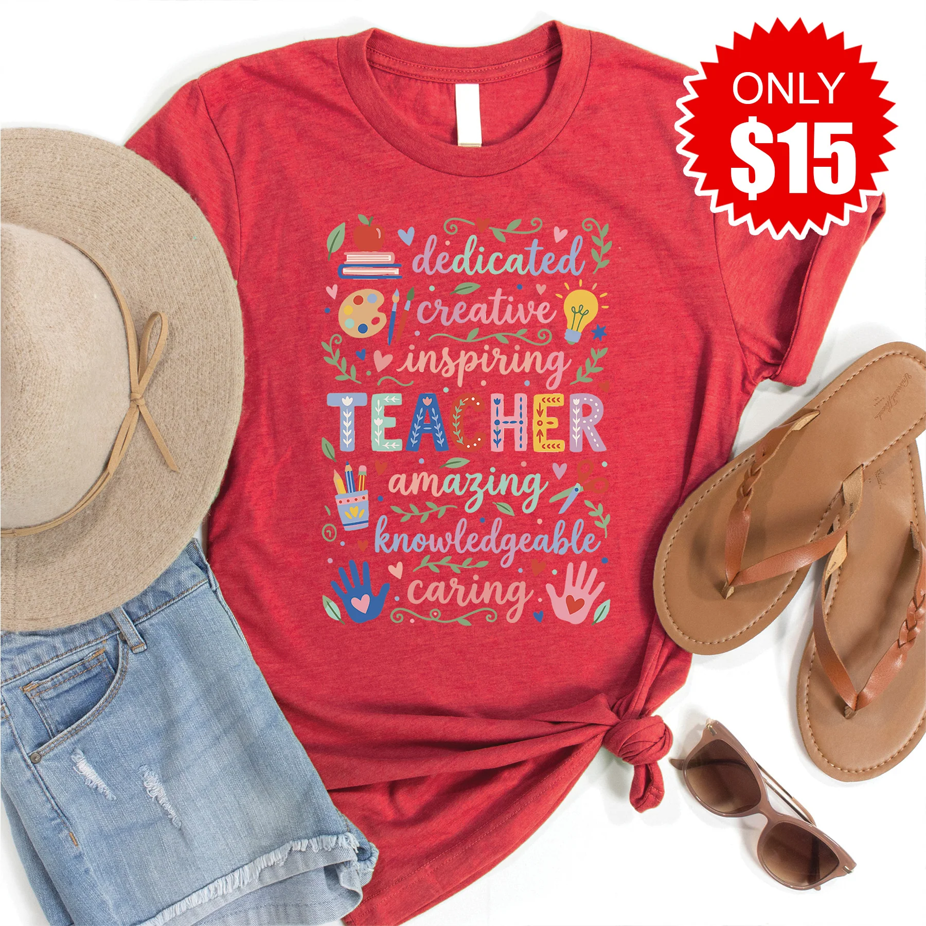 Dedicated Teacher Tee - Heather Scarlet - 15