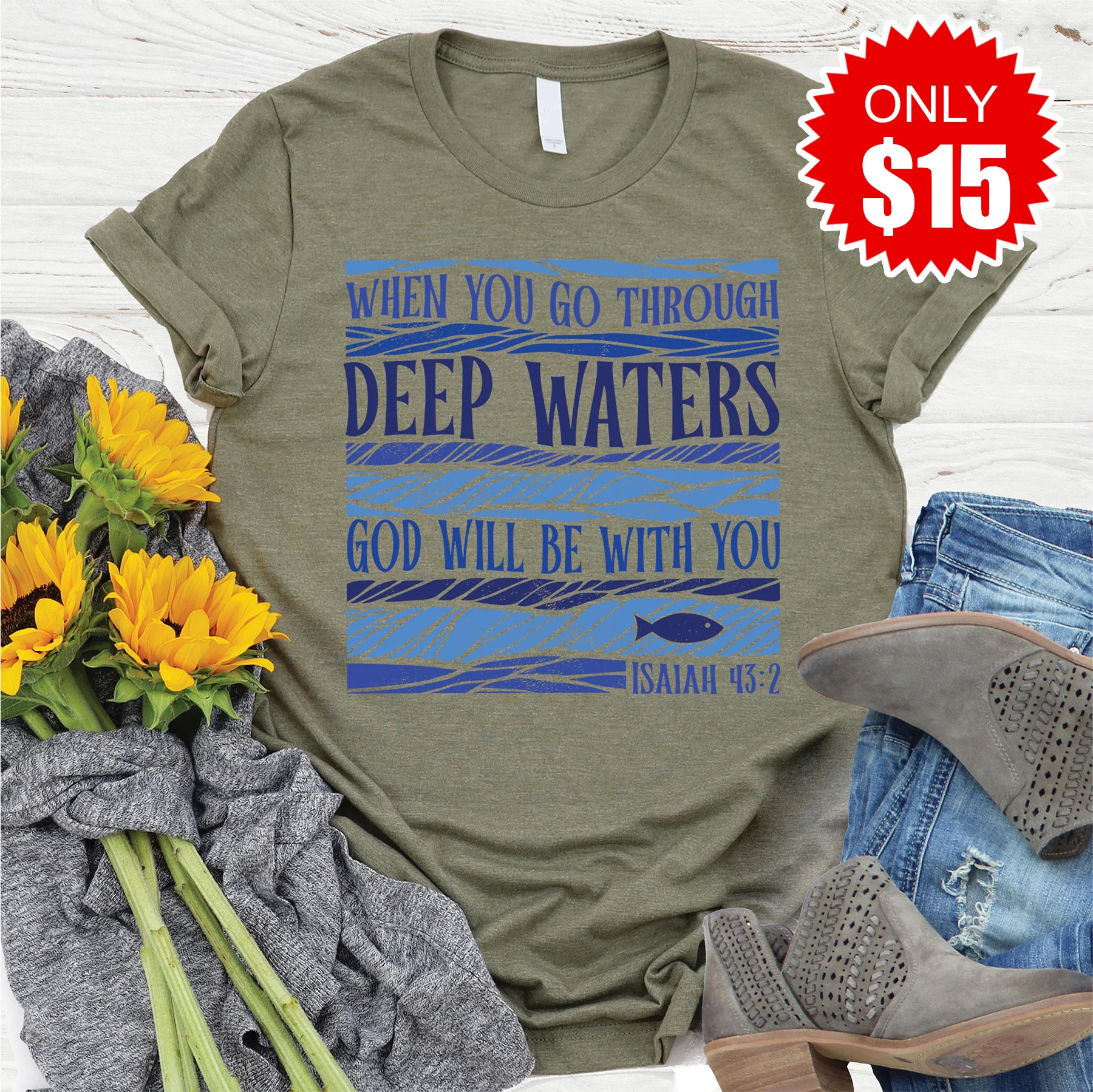Deep Waters Tee - Heather Olive - 15
