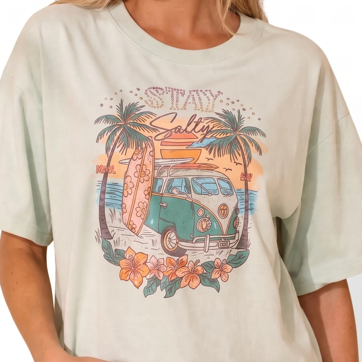 Embellished Stay Salty Rhinestone Oversized Tee - 15