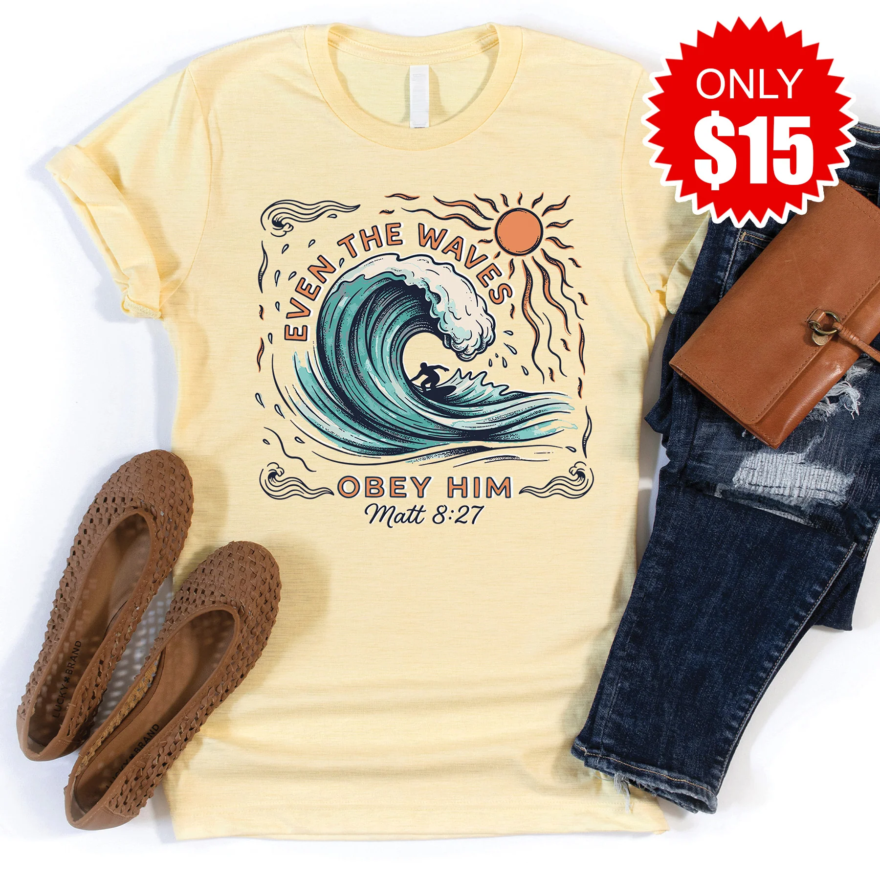 Even the Waves Obey Him Tee - Heather French Vanilla - 15