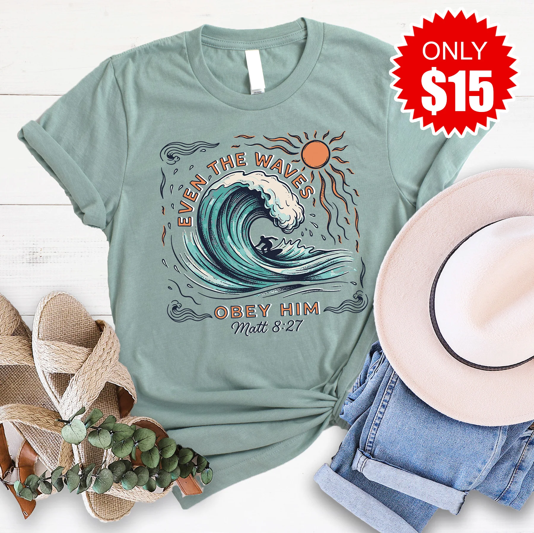 Even the Waves Obey Him Tee - Heather Sage - 15