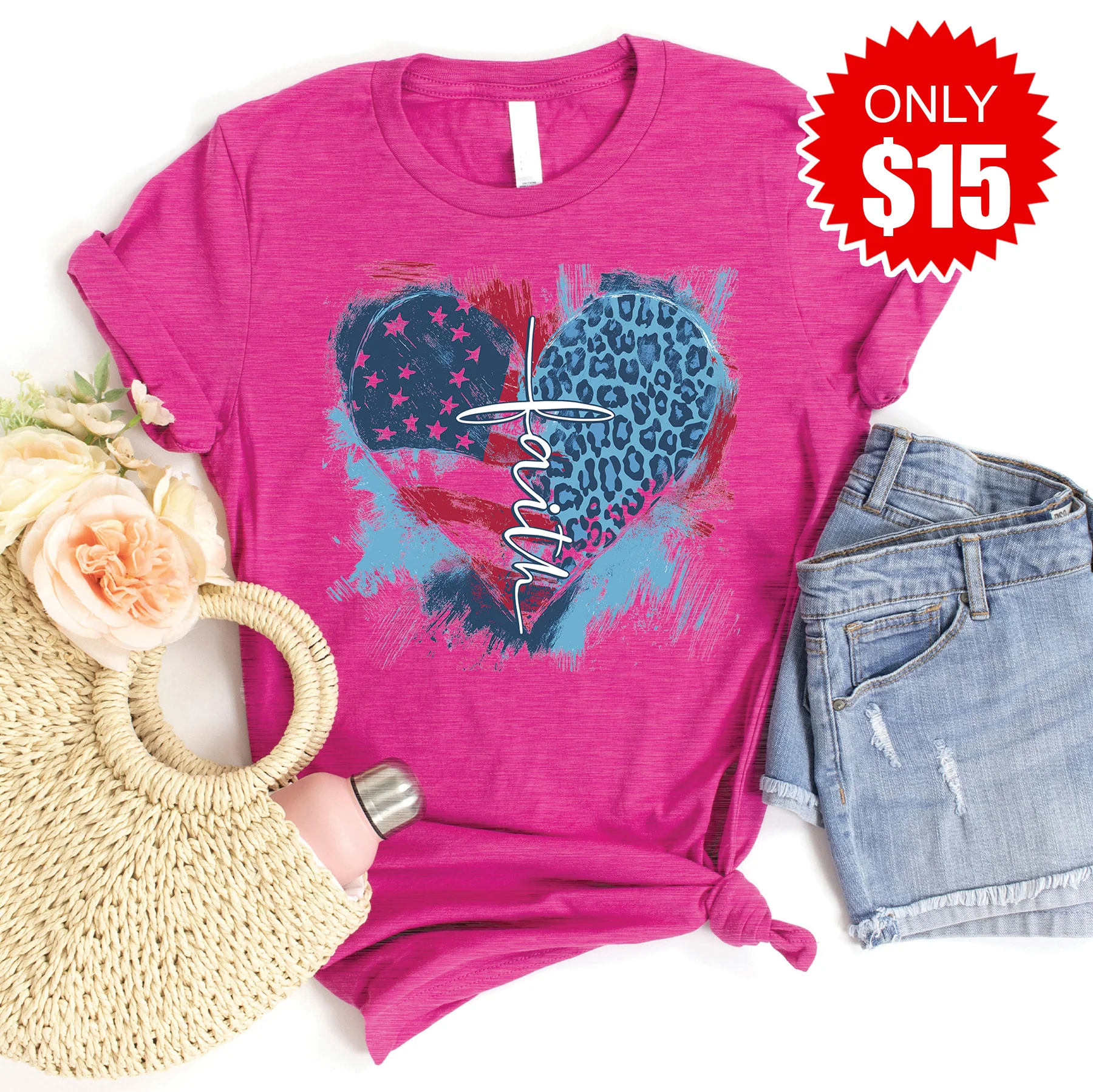 Faith Cross Flag Heart Tee - Heather Berry - 15