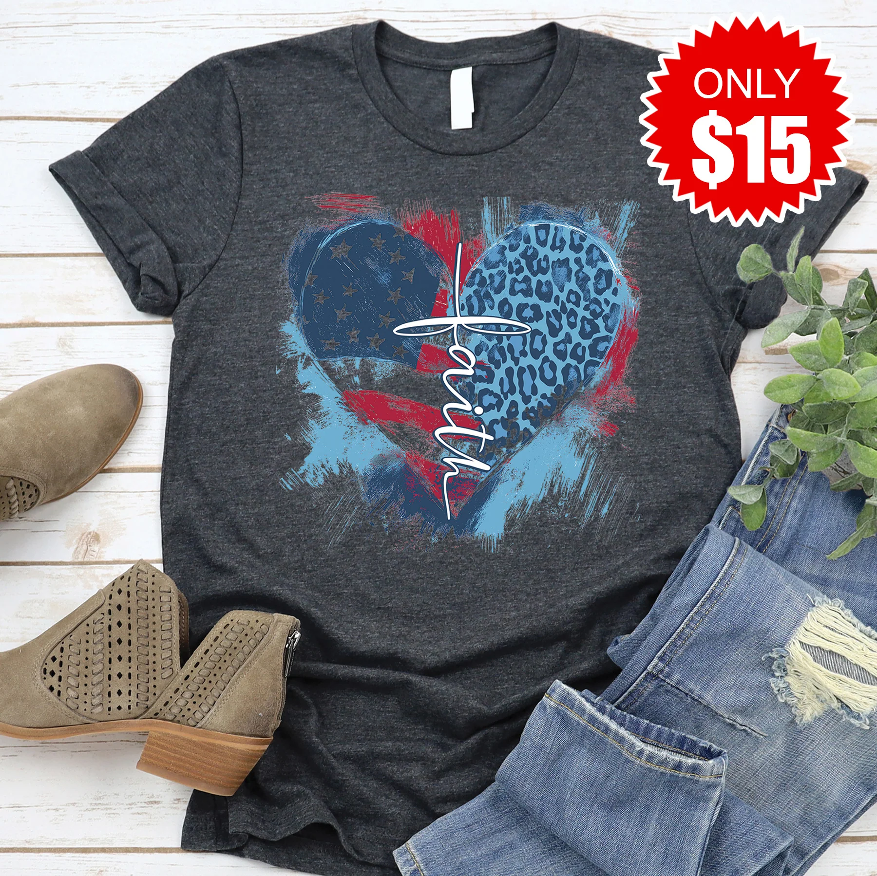 Faith Cross Flag Heart Tee - Heather Charcoal - 15