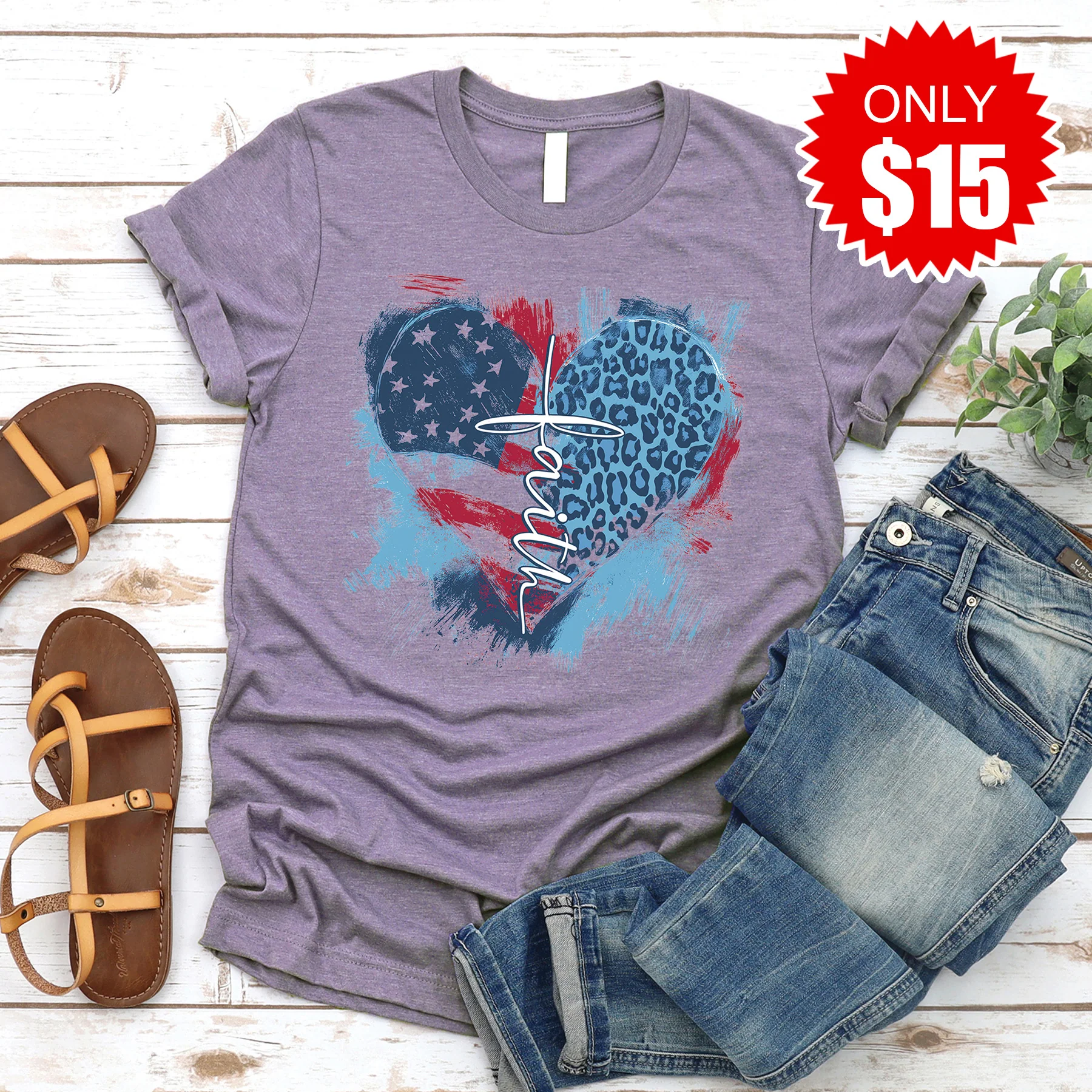 Faith Cross Flag Heart Tee - Heather Deep Purple - 15