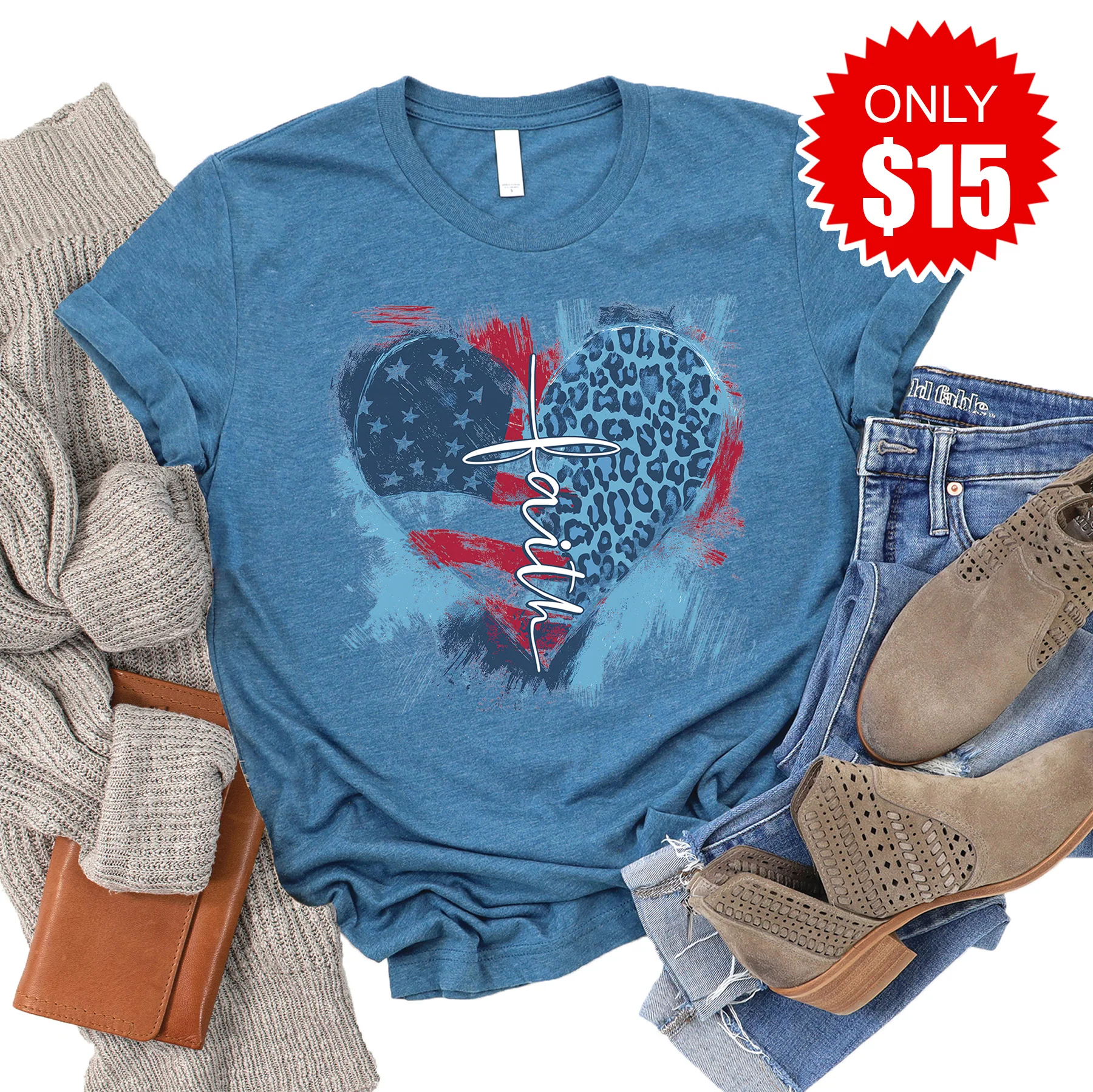 Faith Cross Flag Heart Tee - Heather Deep Teal - 15