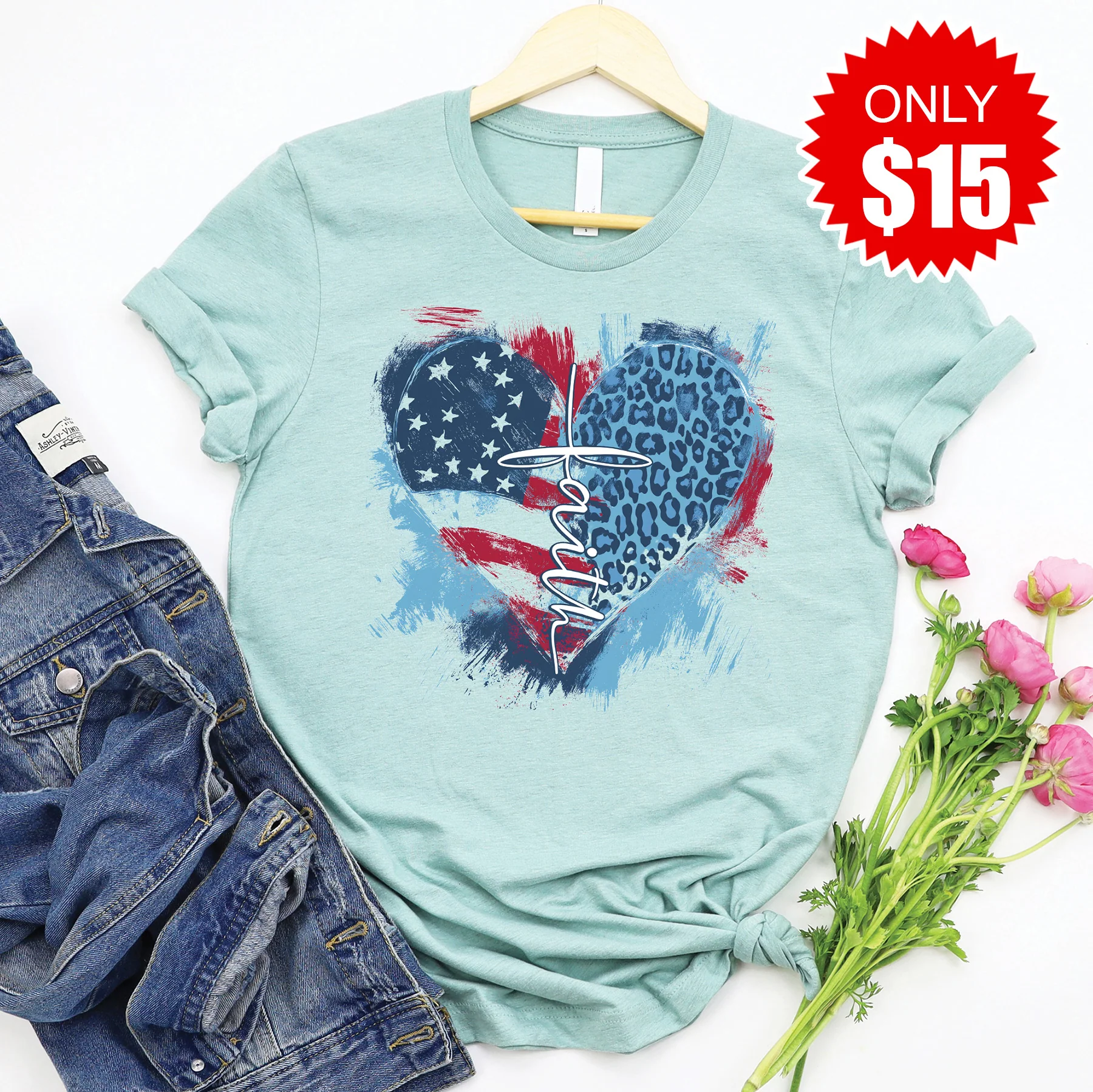 Faith Cross Flag Heart Tee - Heather Dusty Blue - 15