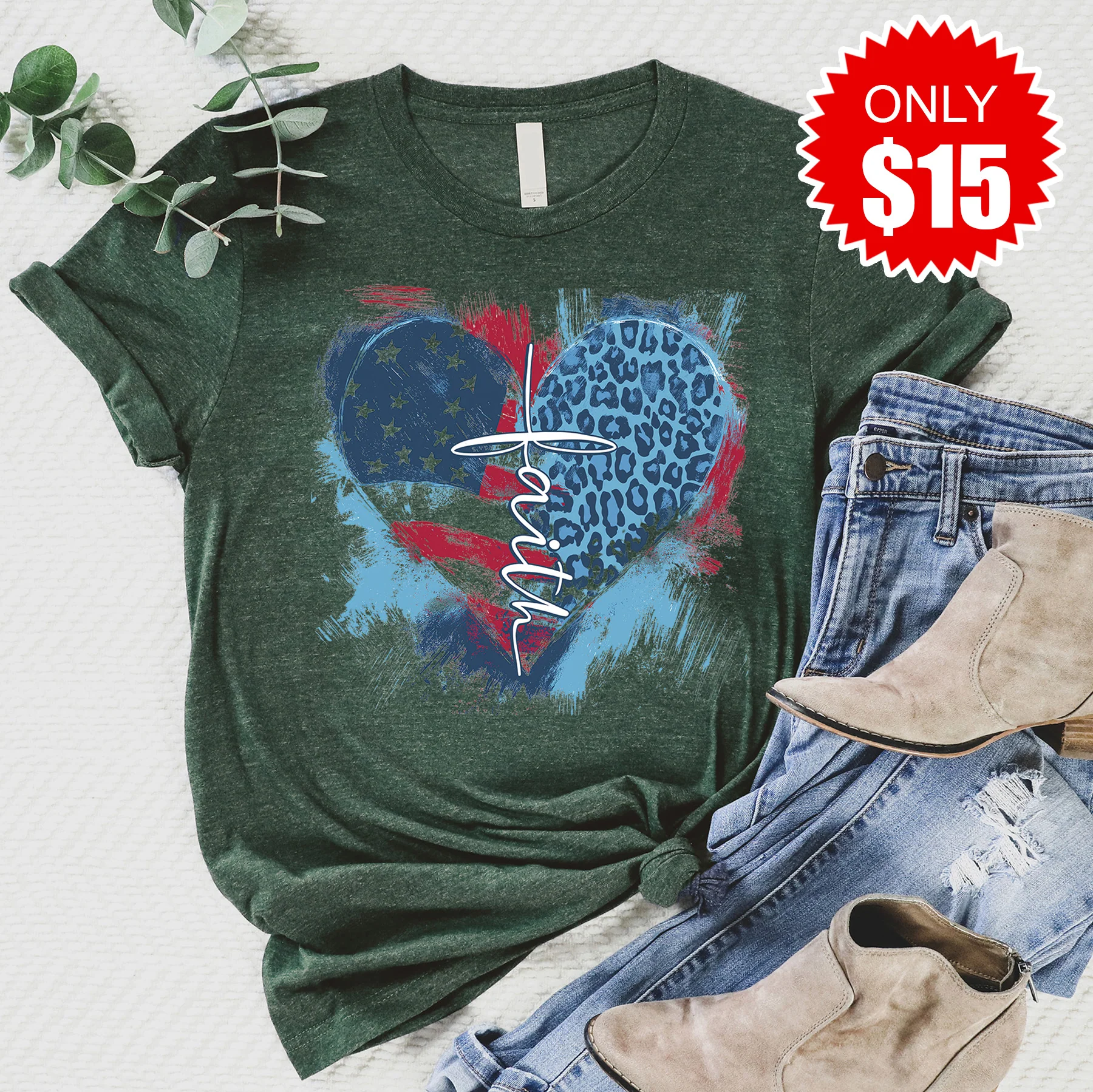 Faith Cross Flag Heart Tee - Heather Forest - 15