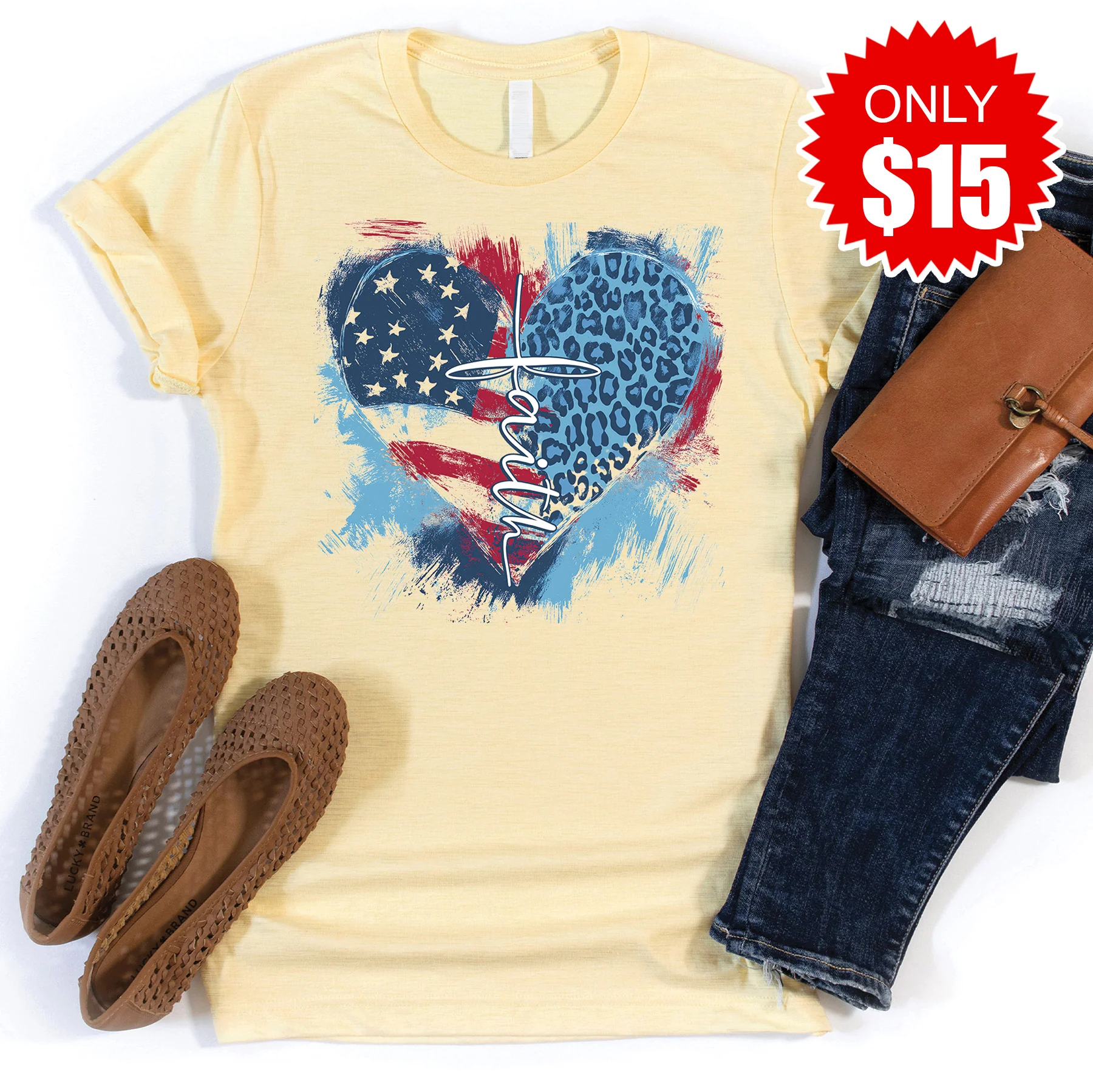 Faith Cross Flag Heart Tee - Heather French Vanilla - 15