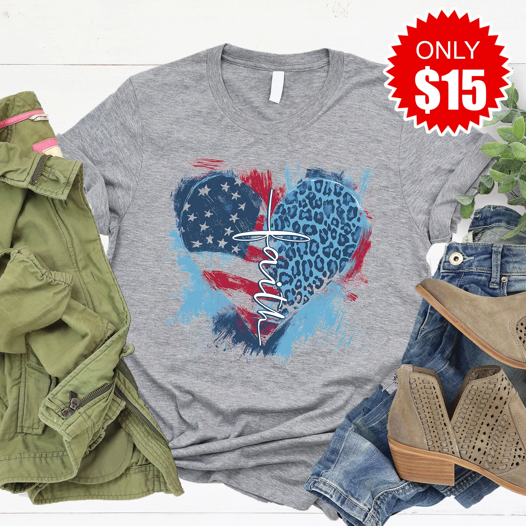 Faith Cross Flag Heart Tee - Heather Grey - 15