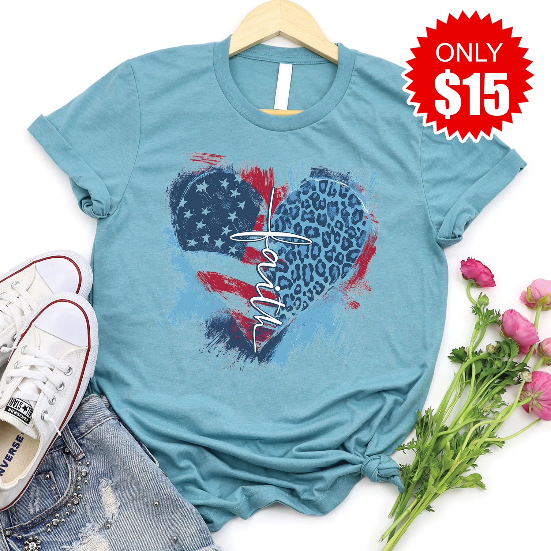 Faith Cross Flag Heart Tee - Heather Lagoon - 15