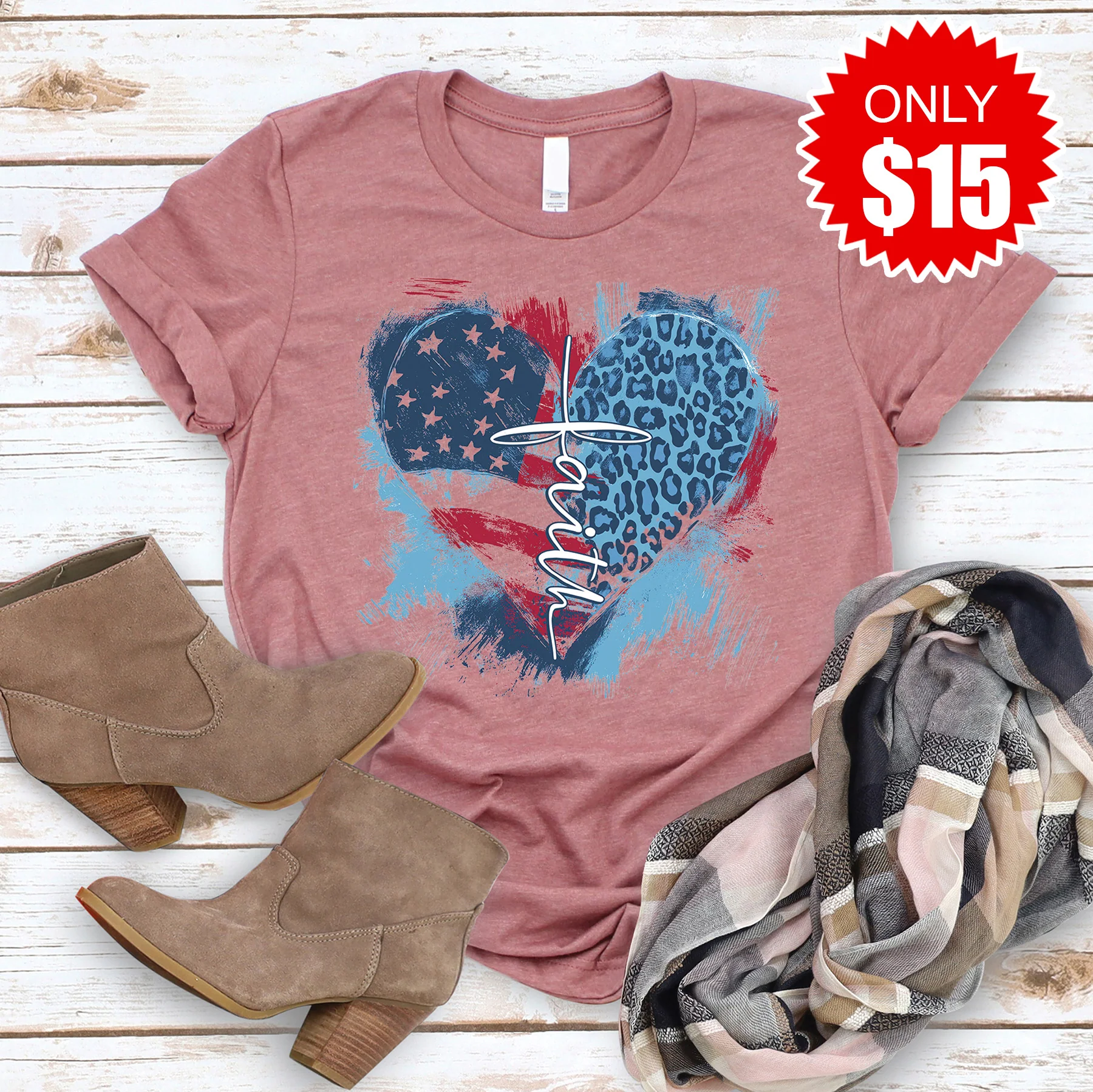 Faith Cross Flag Heart Tee - Heather Mauve - 15