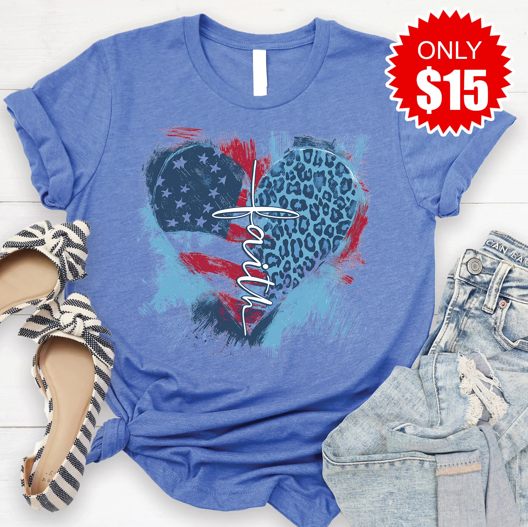 Faith Cross Flag Heart Tee - Heather Royal Blue - 15