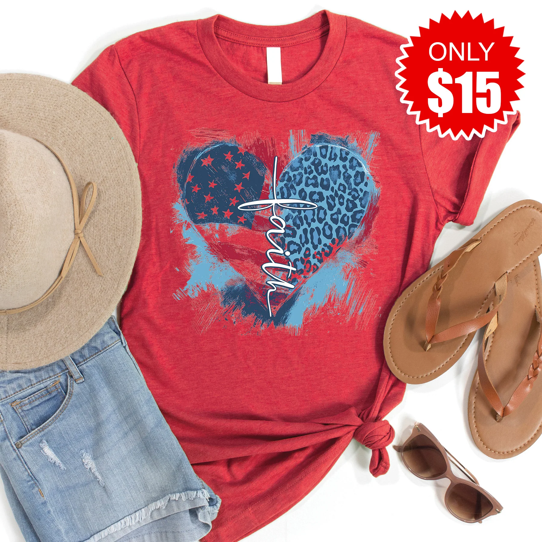 Faith Cross Flag Heart Tee - Heather Scarlet - 15