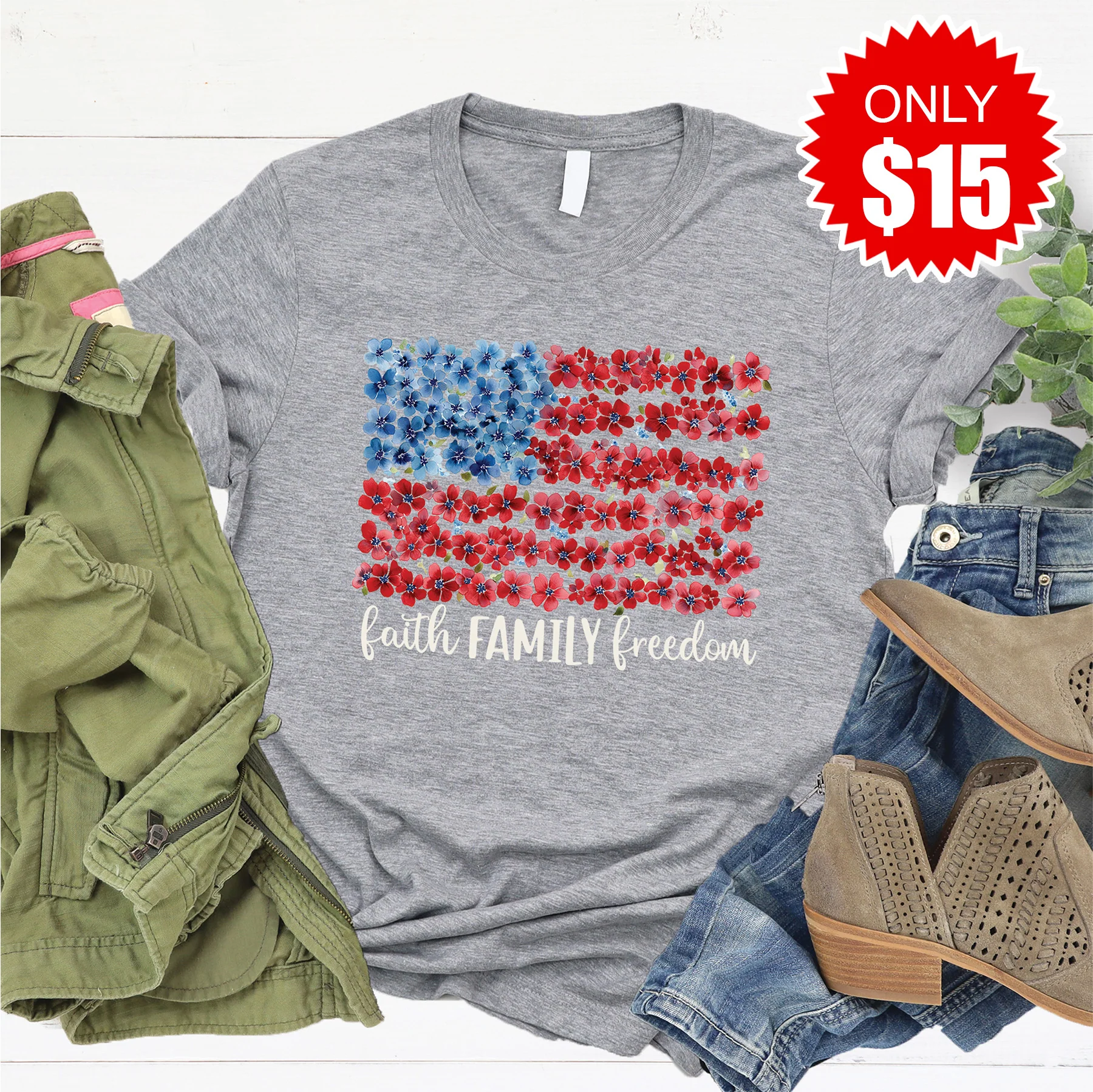 Faith Family Freedom Tee - Heather Grey - 15