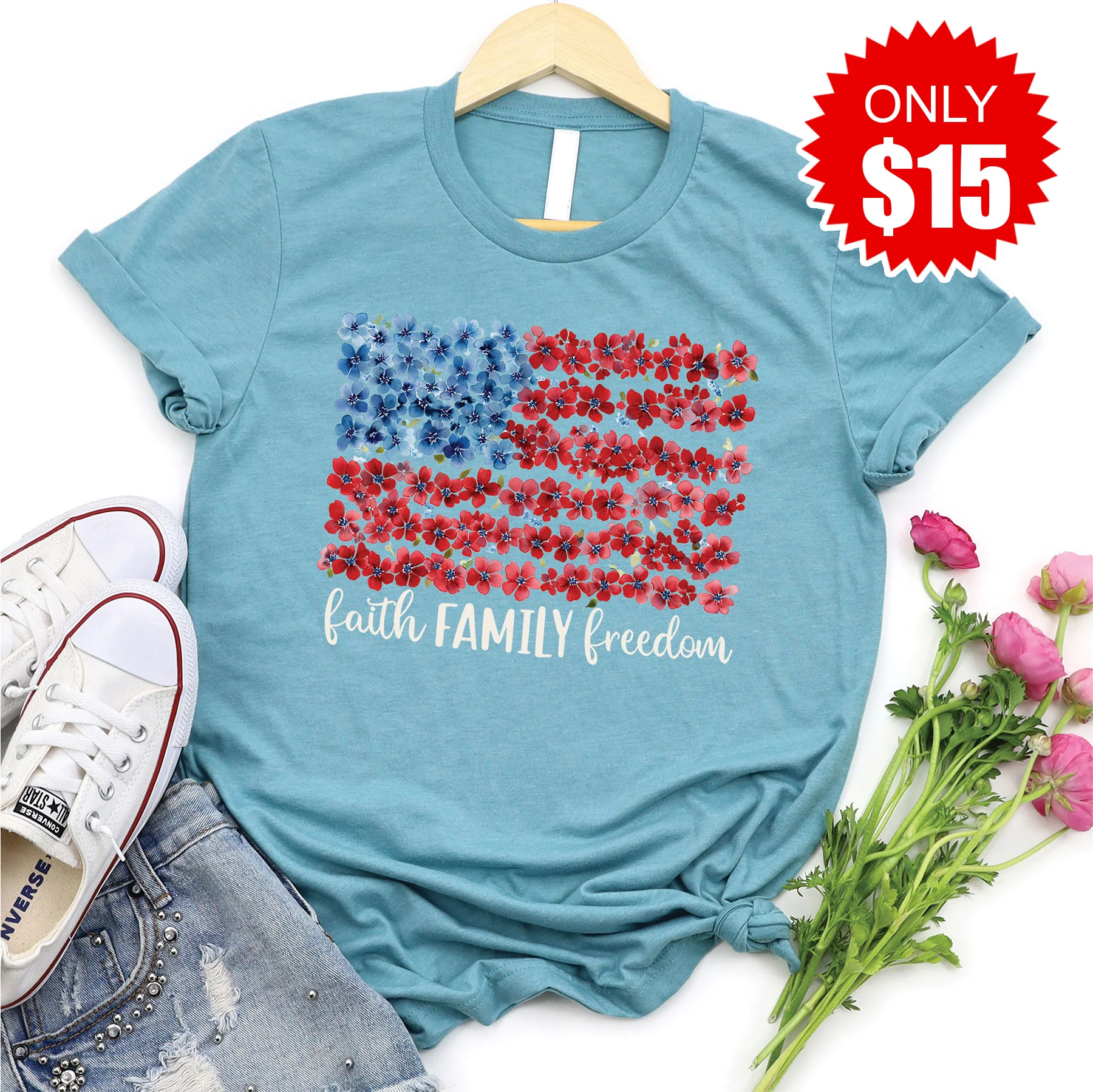 Faith Family Freedom Tee - Heather Lagoon - 15
