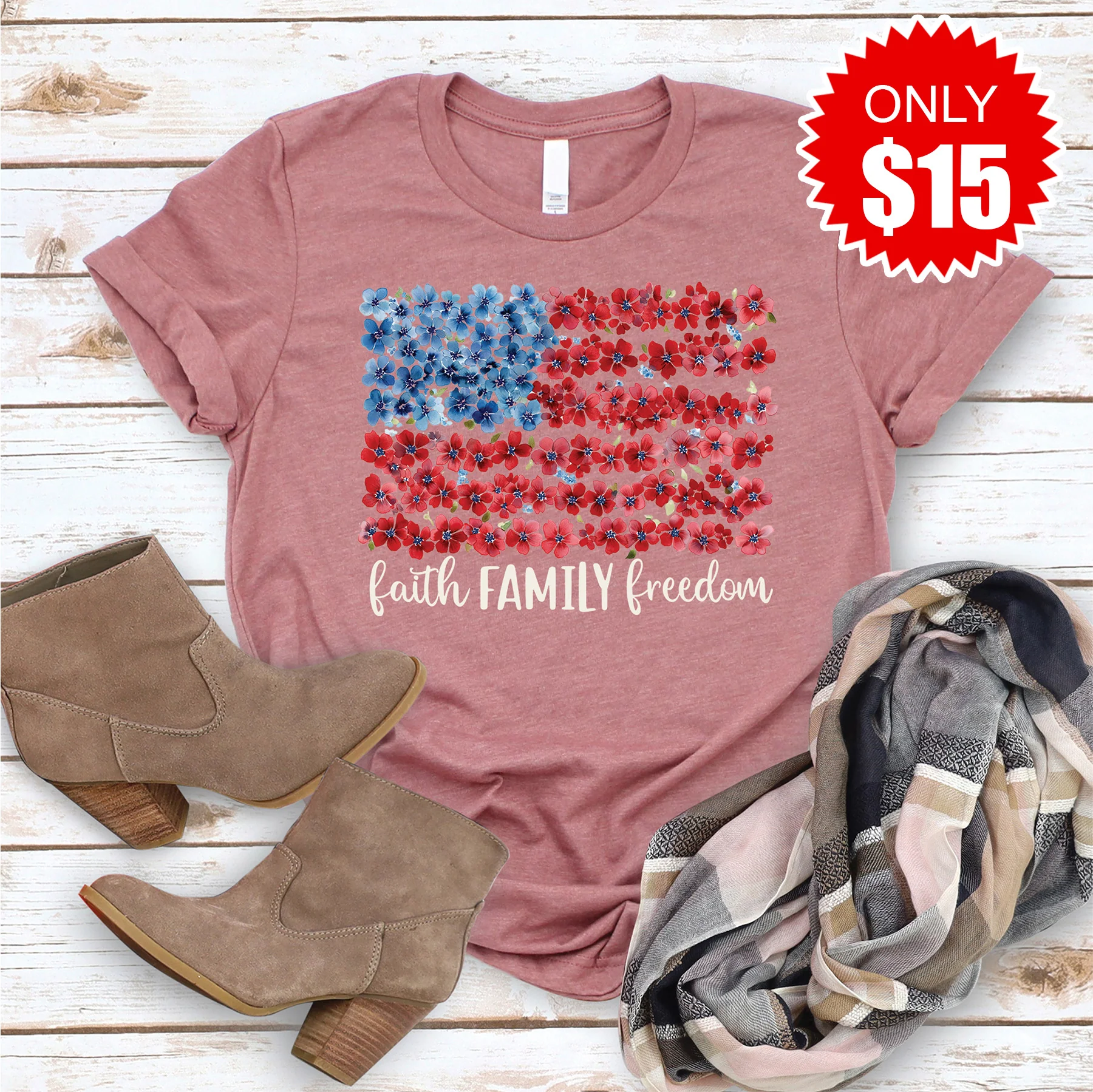Faith Family Freedom Tee - Heather Mauve - 15