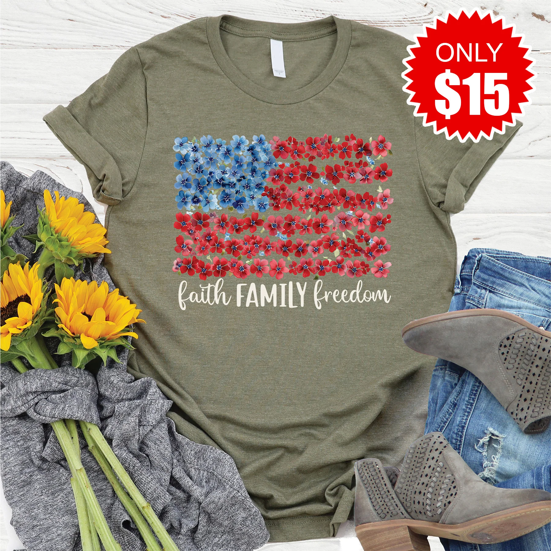 Faith Family Freedom Tee - Heather Olive - 15