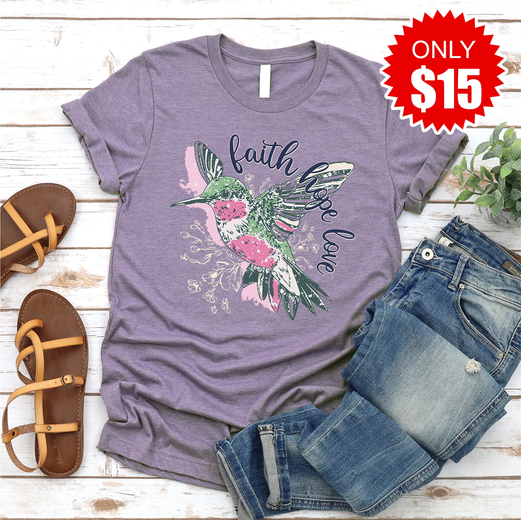 Faith Hope Hummingbird Tee - Heather Deep Purple - 15