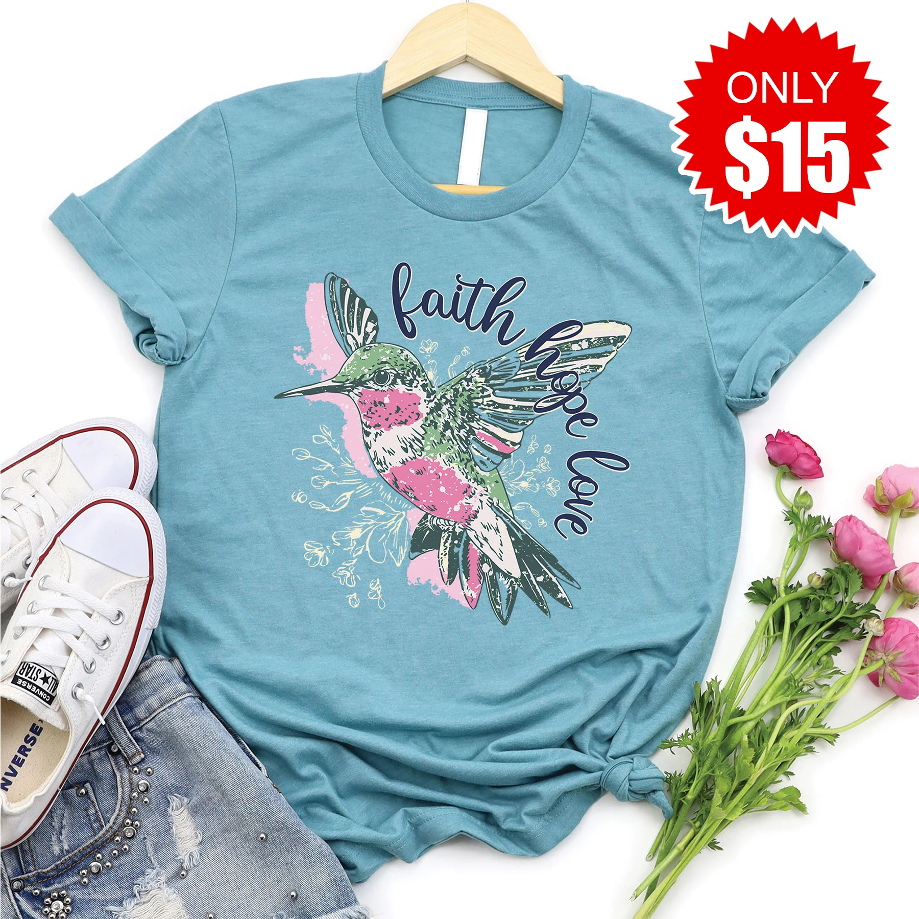 Faith Hope Hummingbird Tee - Heather Lagoon - 15