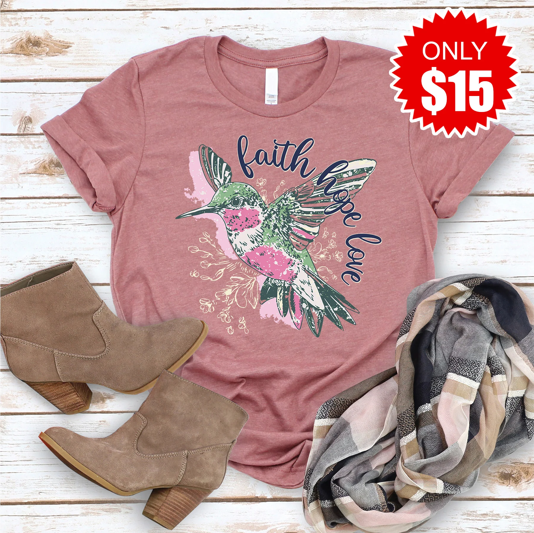 Faith Hope Hummingbird Tee - Heather Mauve - 15