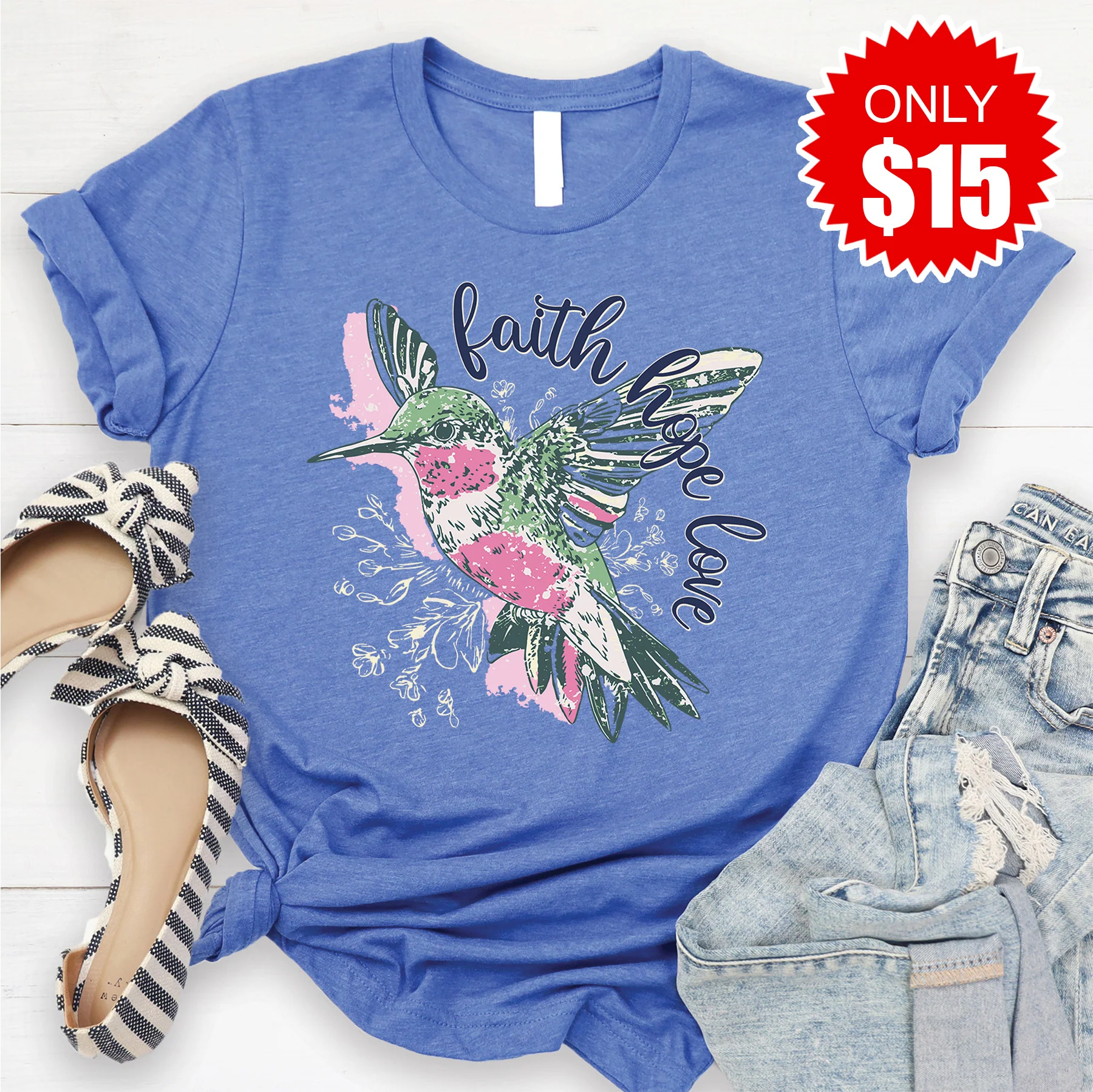 Faith Hope Hummingbird Tee - Heather Royal Blue - 15