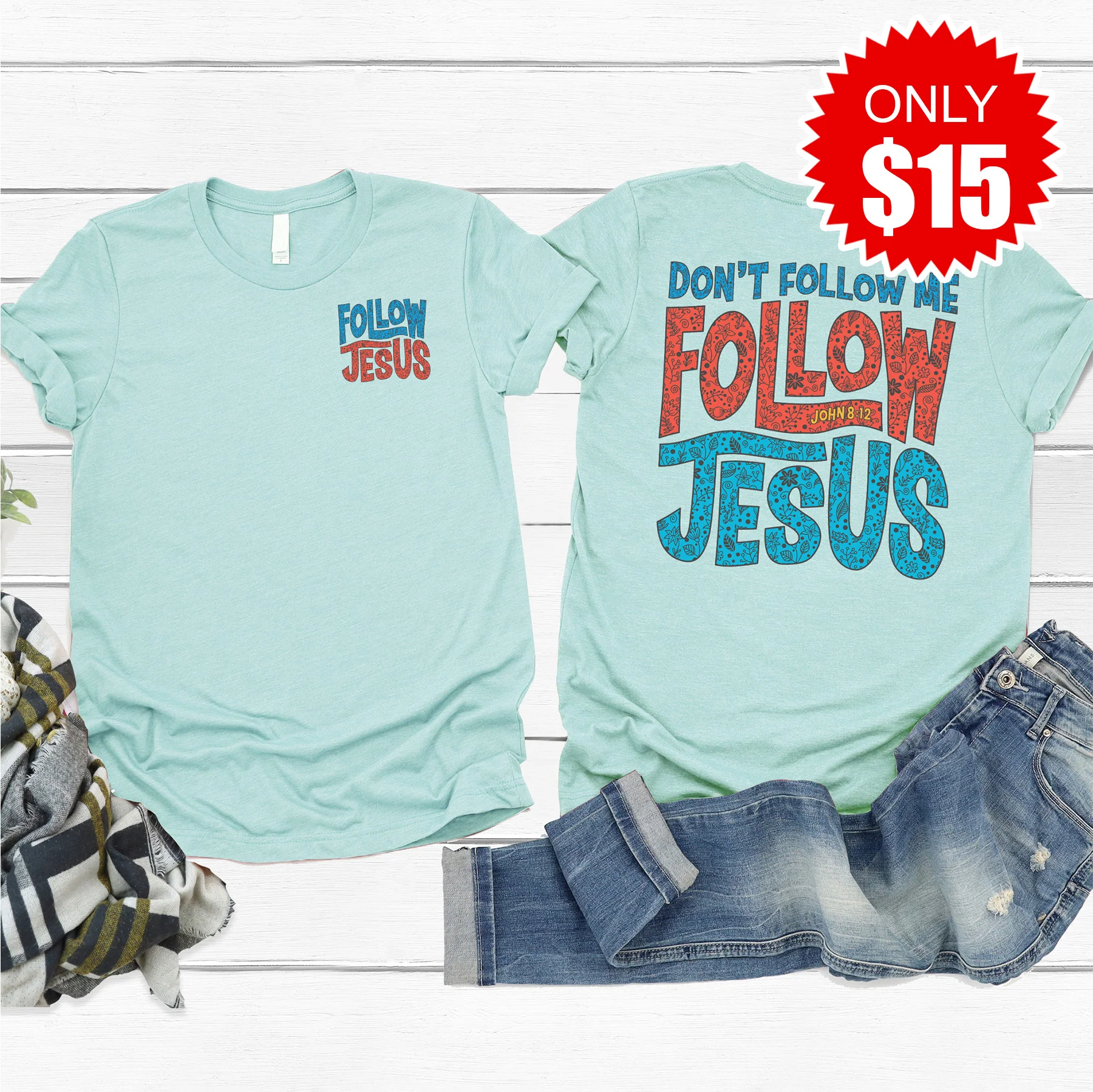 Follow Jesus Tee - Heather Dusty Blue - 15