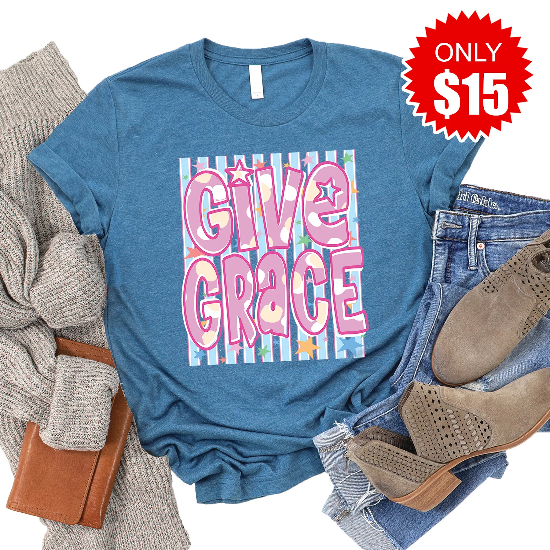 Give Grace Tee - Heather Deep Teal - 15
