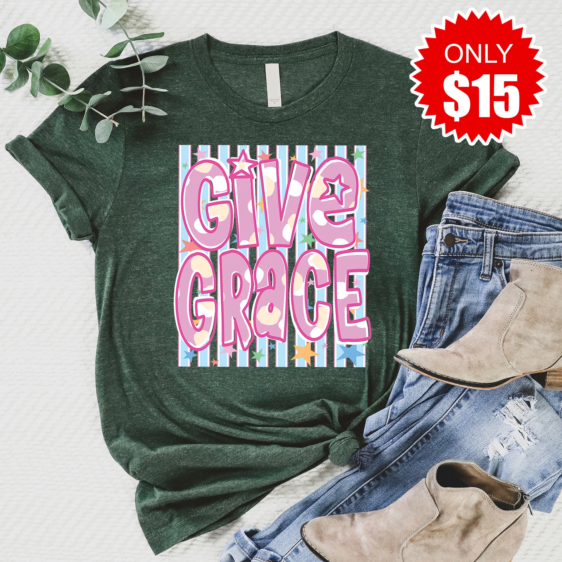 Give Grace Tee - Heather Forest - 15
