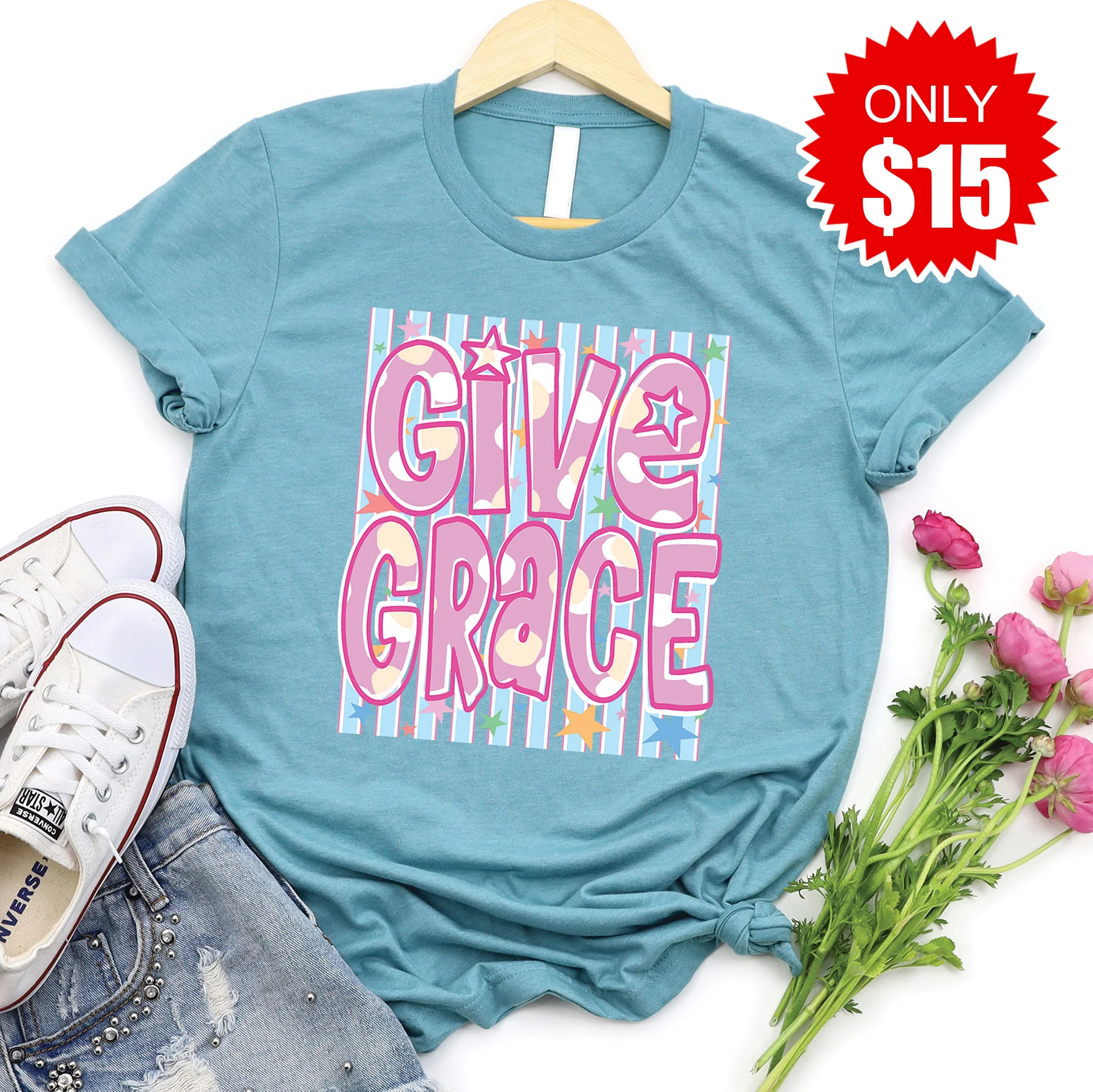 Give Grace Tee - Heather Lagoon - 15