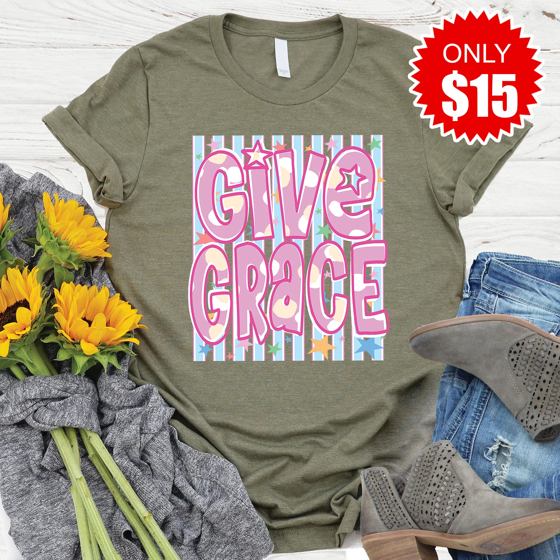 Give Grace Tee - Heather Olive - 15