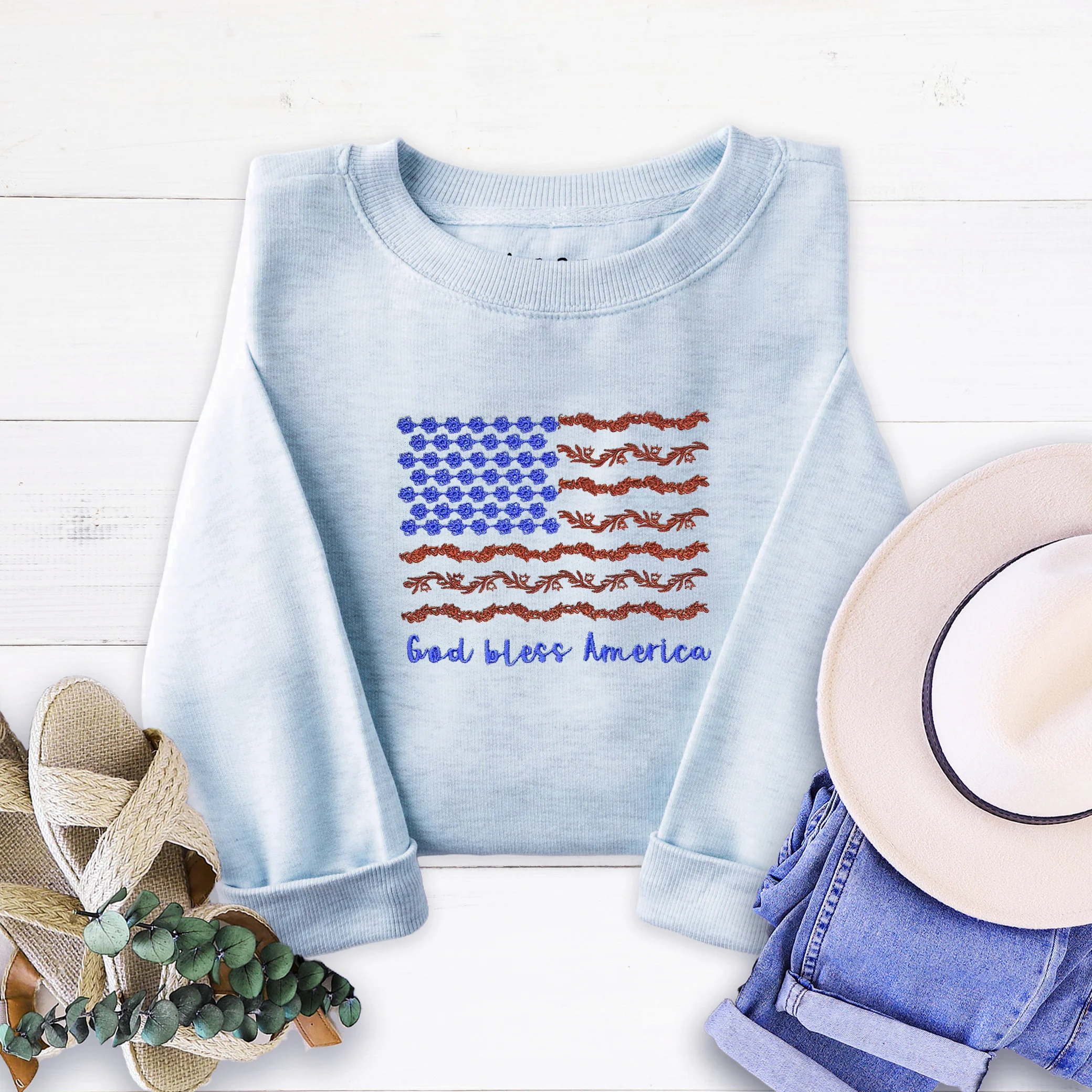 God Bless America Embroidered Crewneck Sweatshirt
