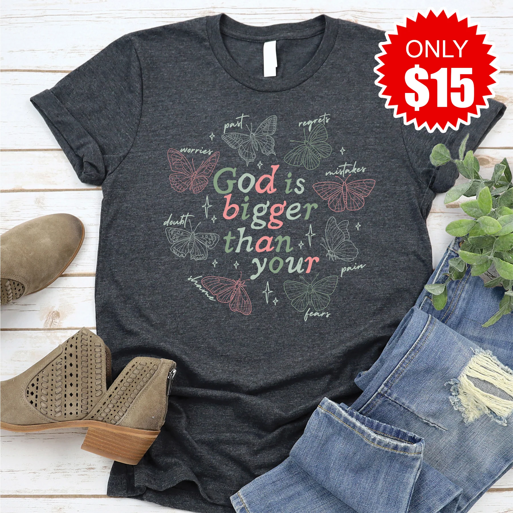 God is Bigger Butterflies Tee - Heather Charcoal - 15