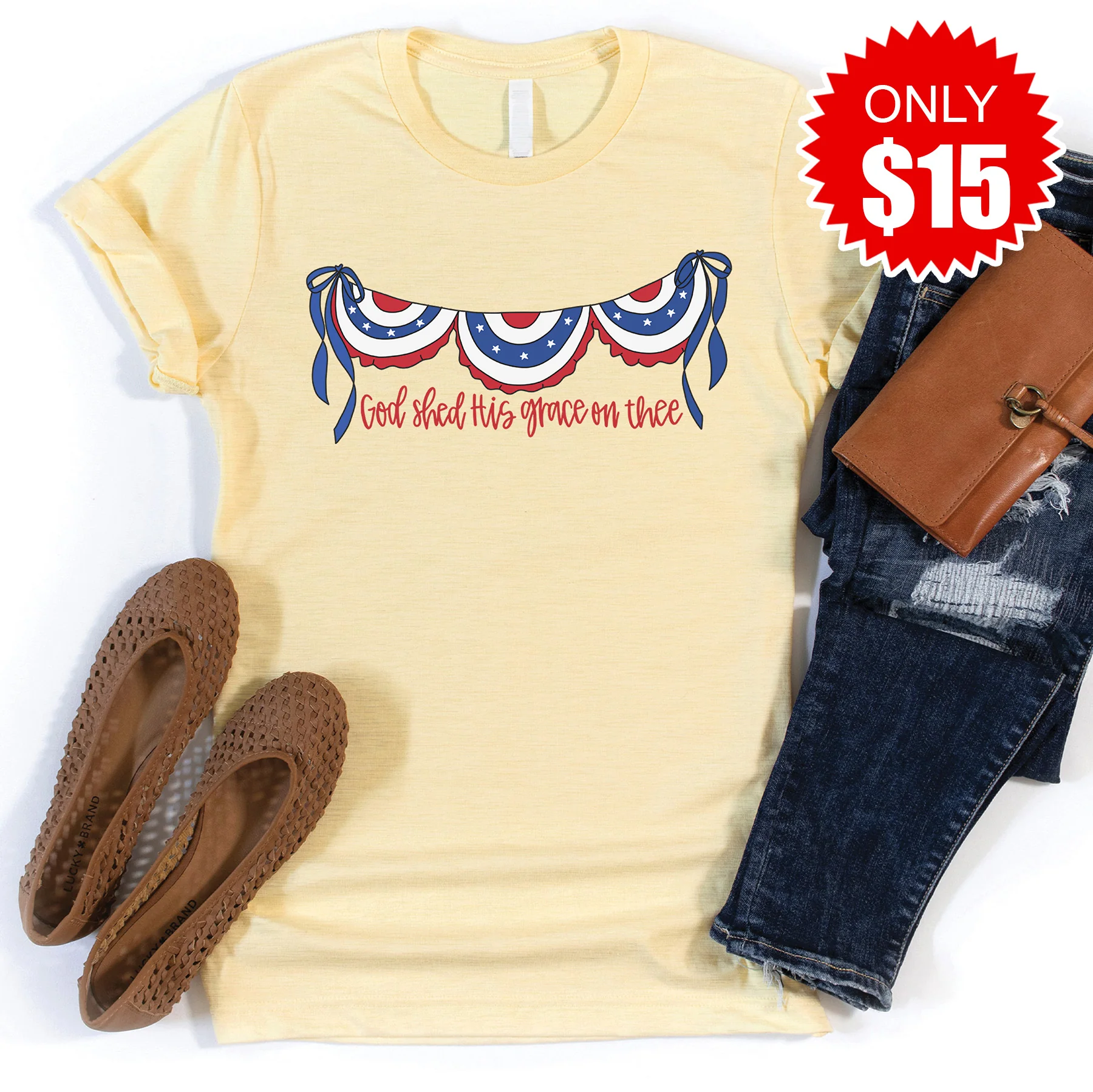 God Shed His Grace Banner Tee - Heather French Vanilla - 15