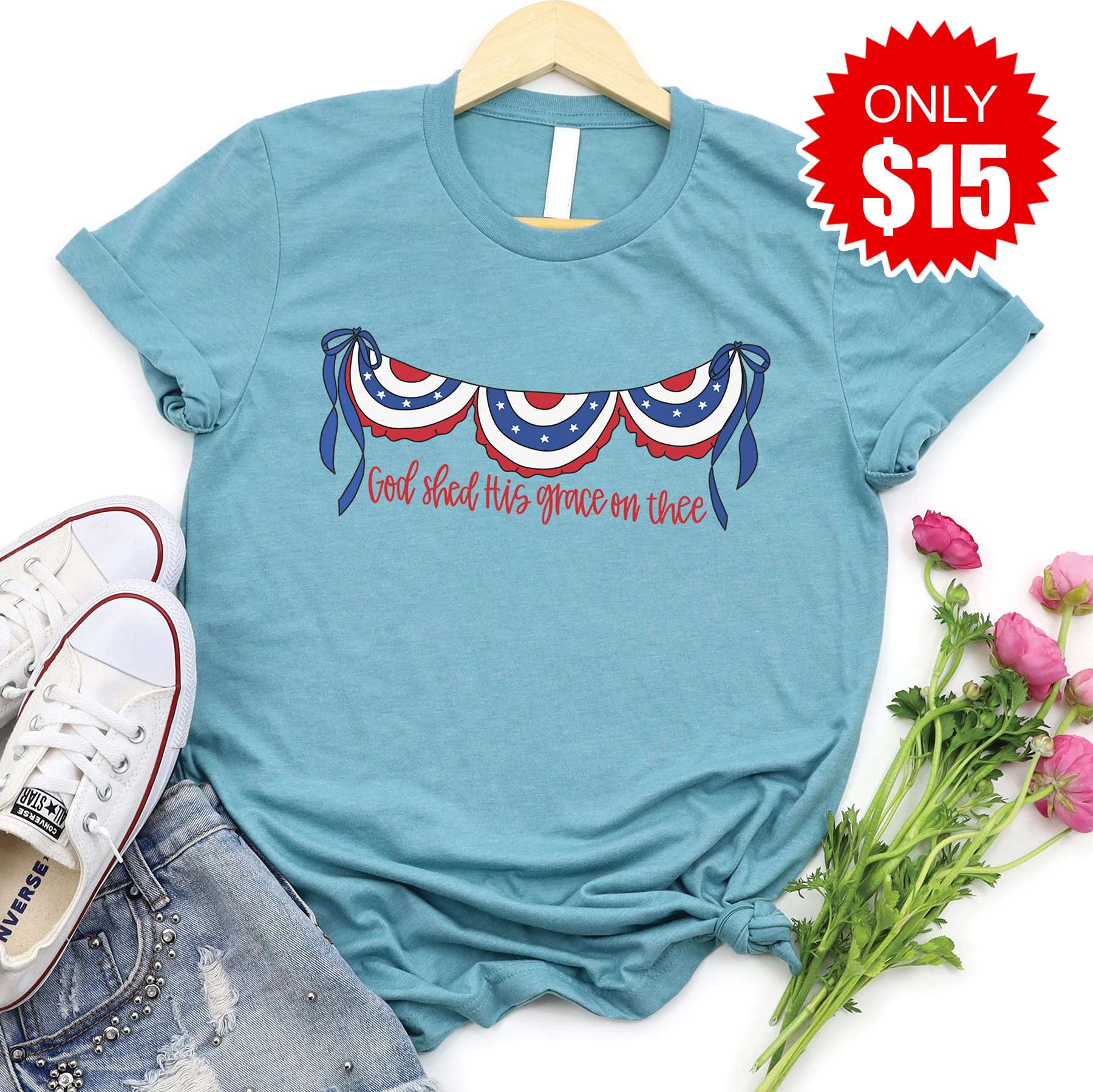 God Shed His Grace Banner Tee - Heather Lagoon - 15