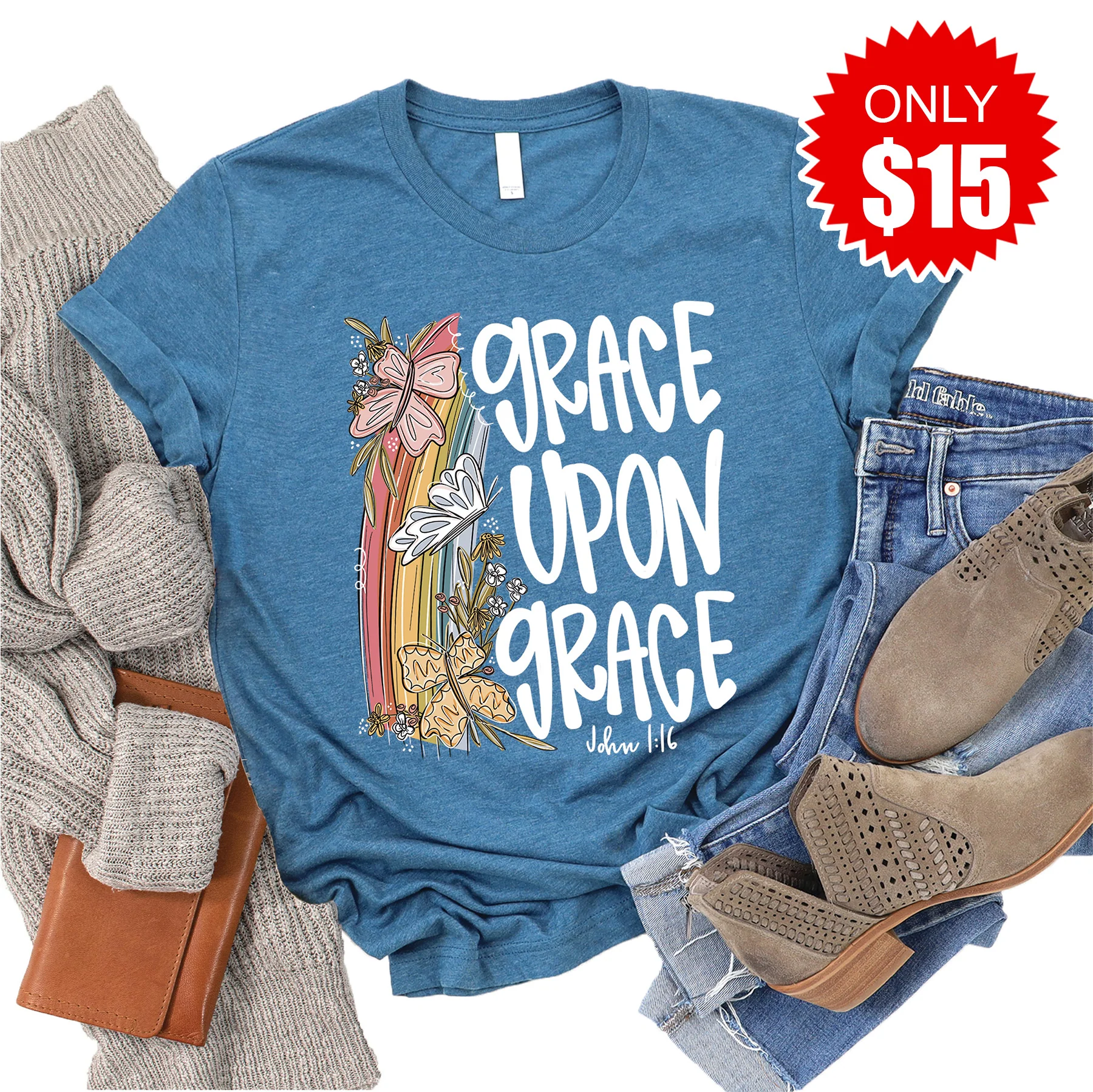 Grace Upon Grace Tee - Heather Deep Teal - 15
