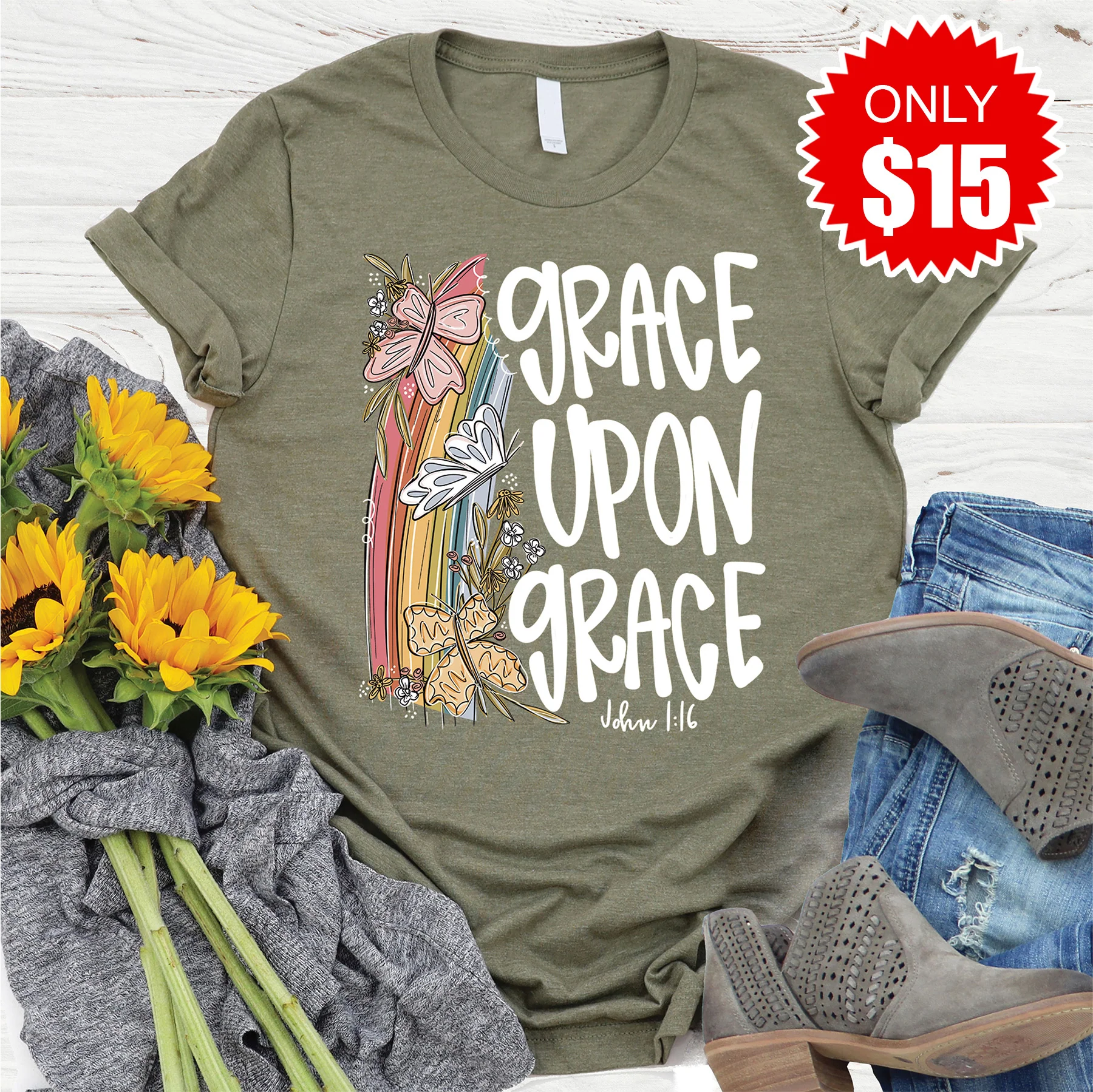 Grace Upon Grace Tee - Heather Olive - 15