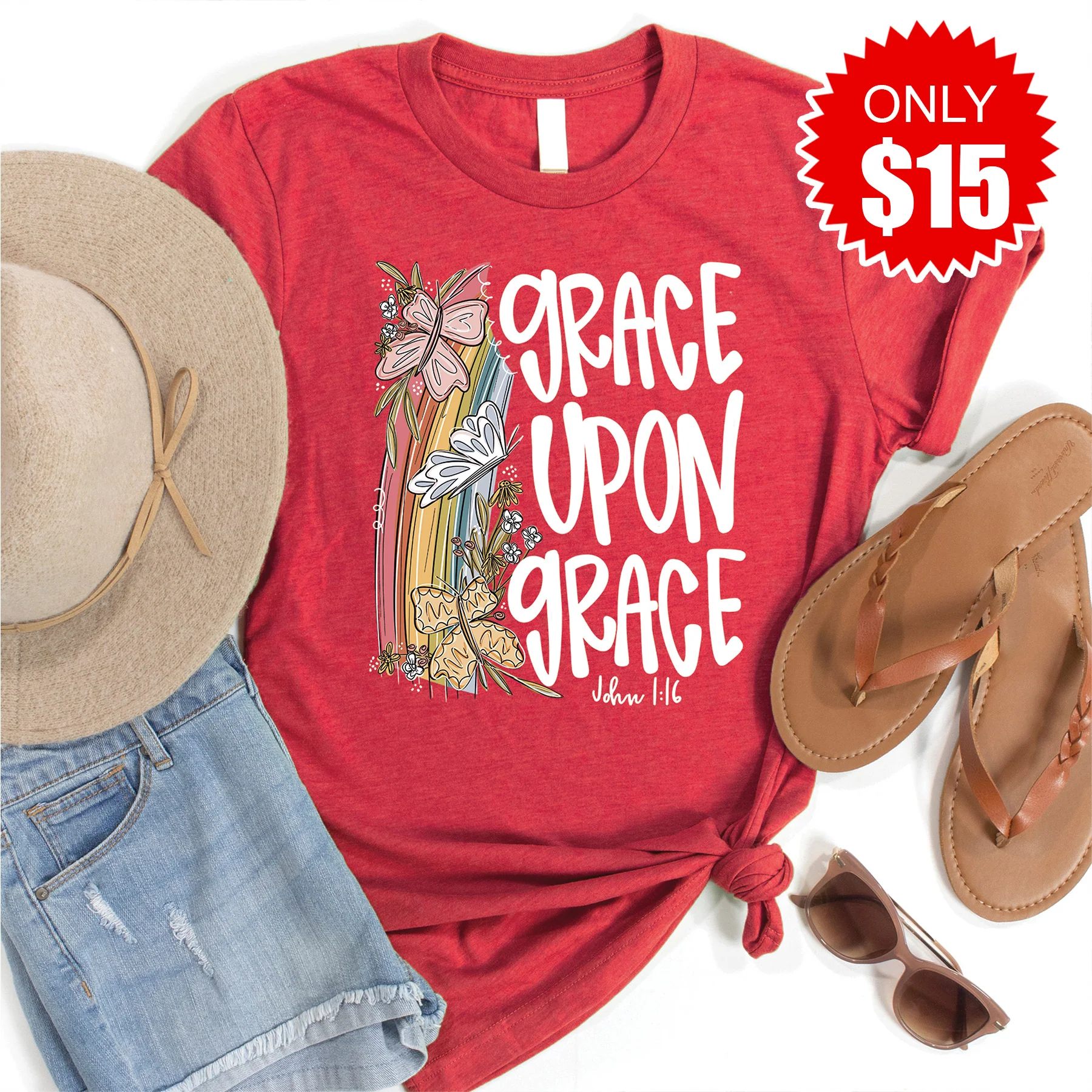 Grace Upon Grace Tee - Heather Scarlet - 15
