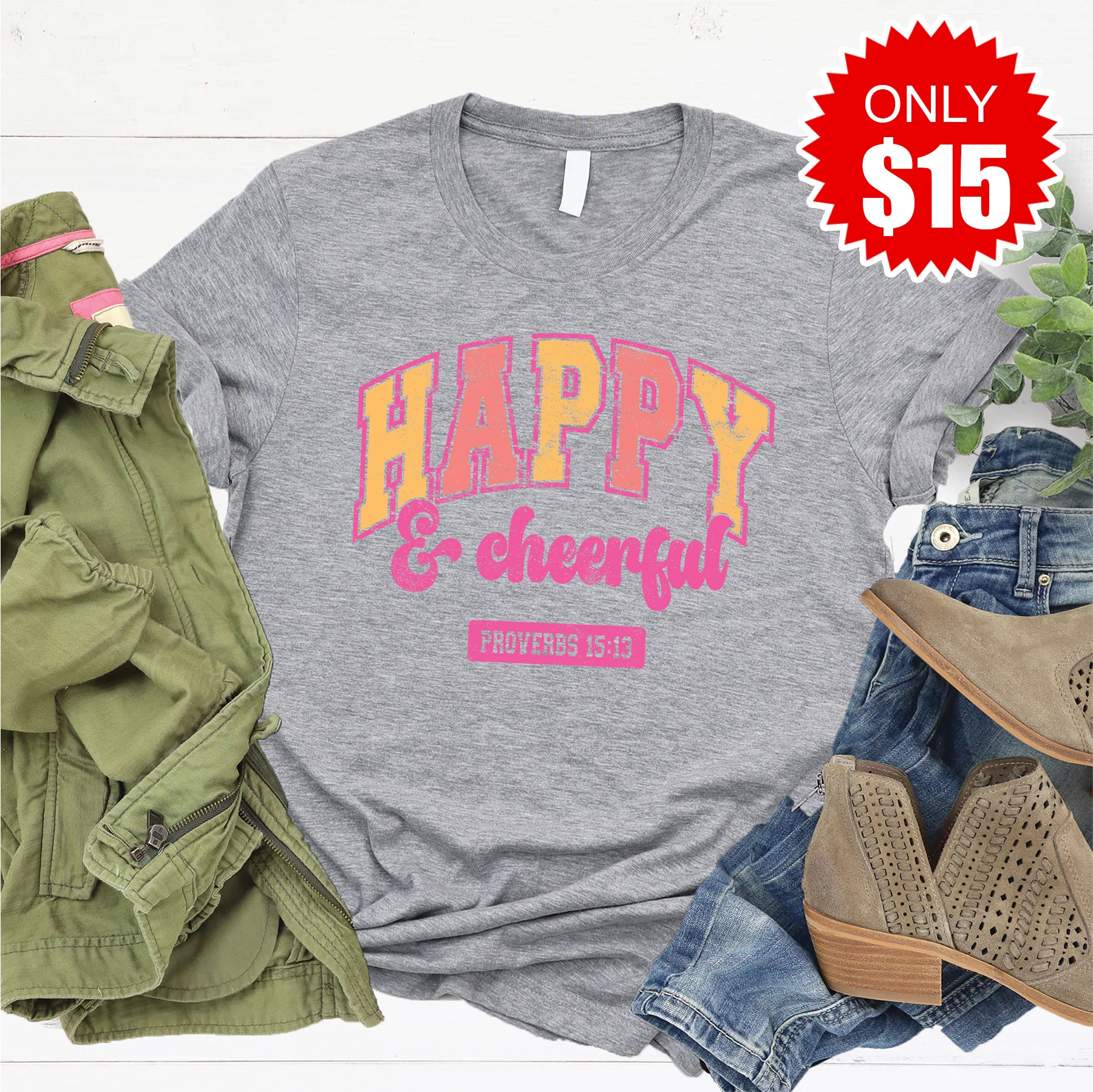 Happy and Cheerful Tee - Heather Grey - 15